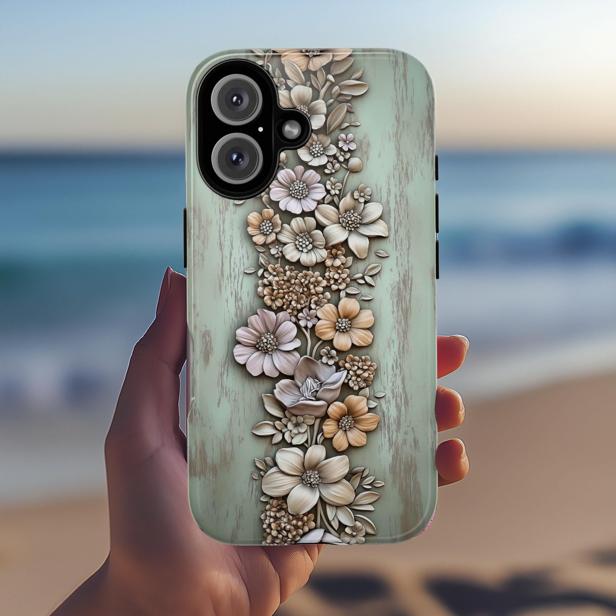 3D Rustic Beige Floral Phone Case, Pastel Artistic Wood Carved Look Design for iPhone 16 15 14 13 Tough or Magsafe, Samsung S24, 439.15