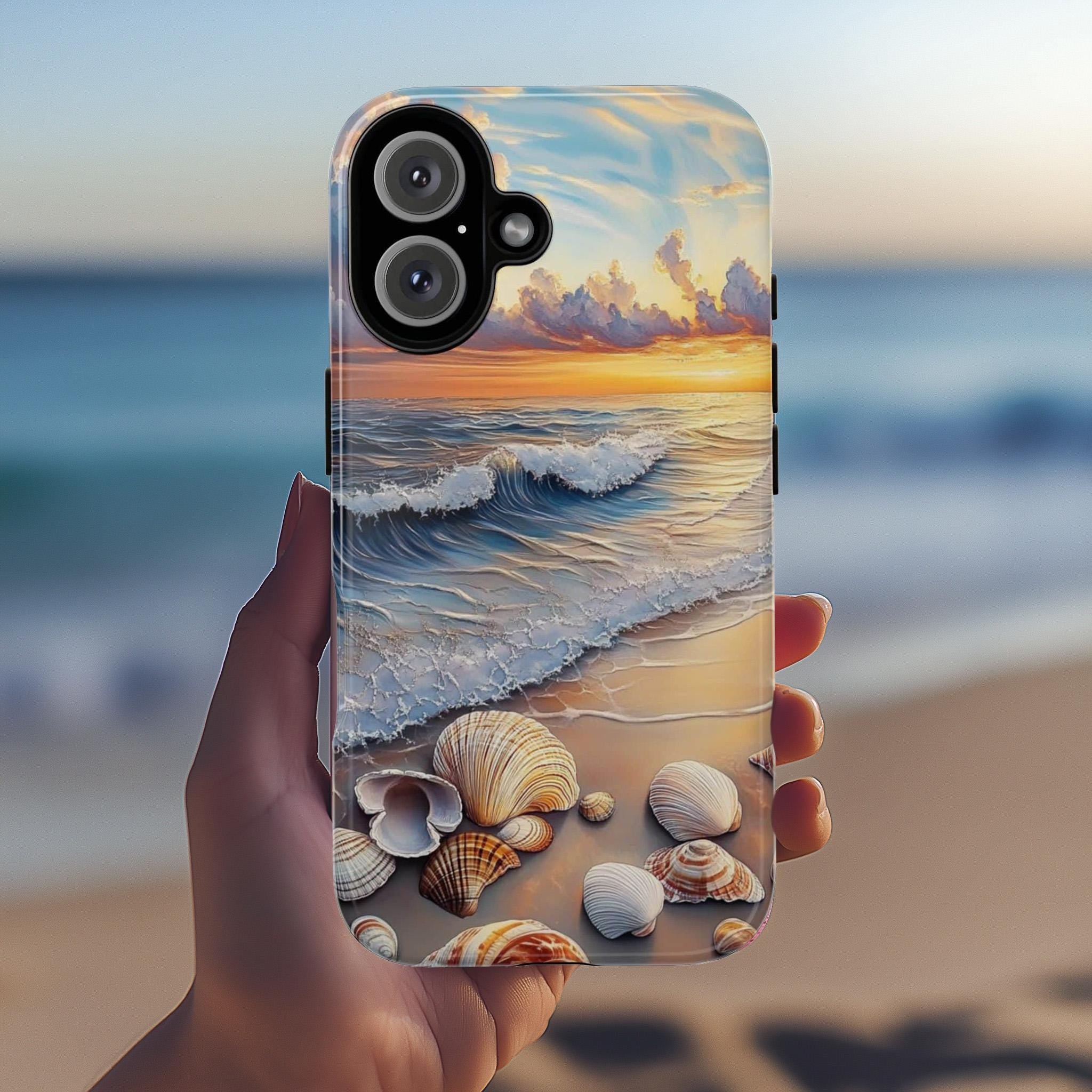 Ocean Sunset Seashell Wave Phone Cover, Coastal Beach Aesthetic Phone Case for iPhone 16, 15, 14, 13 Tough Magsafe, Samsung S25, 455.15