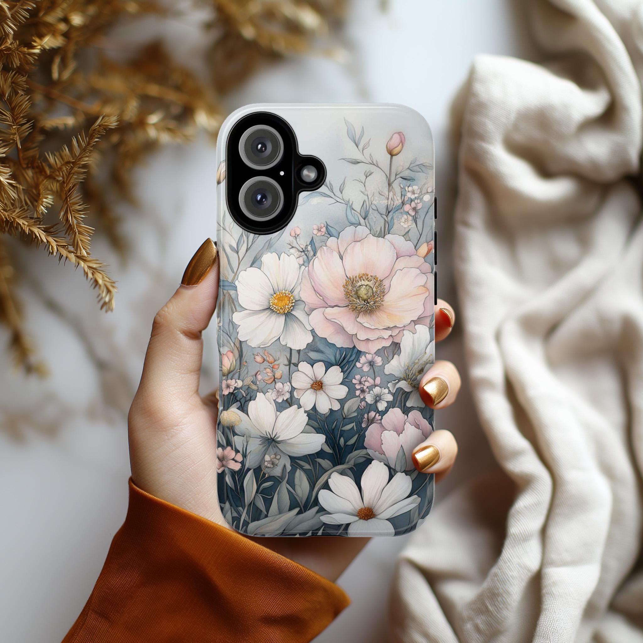 Pastel Botanical Floral Phone Case, French Coquette Aesthetic Watercolor Phone Case for iPhone 16 15 14 13 Tough or Magsafe, Samsung, 477.15