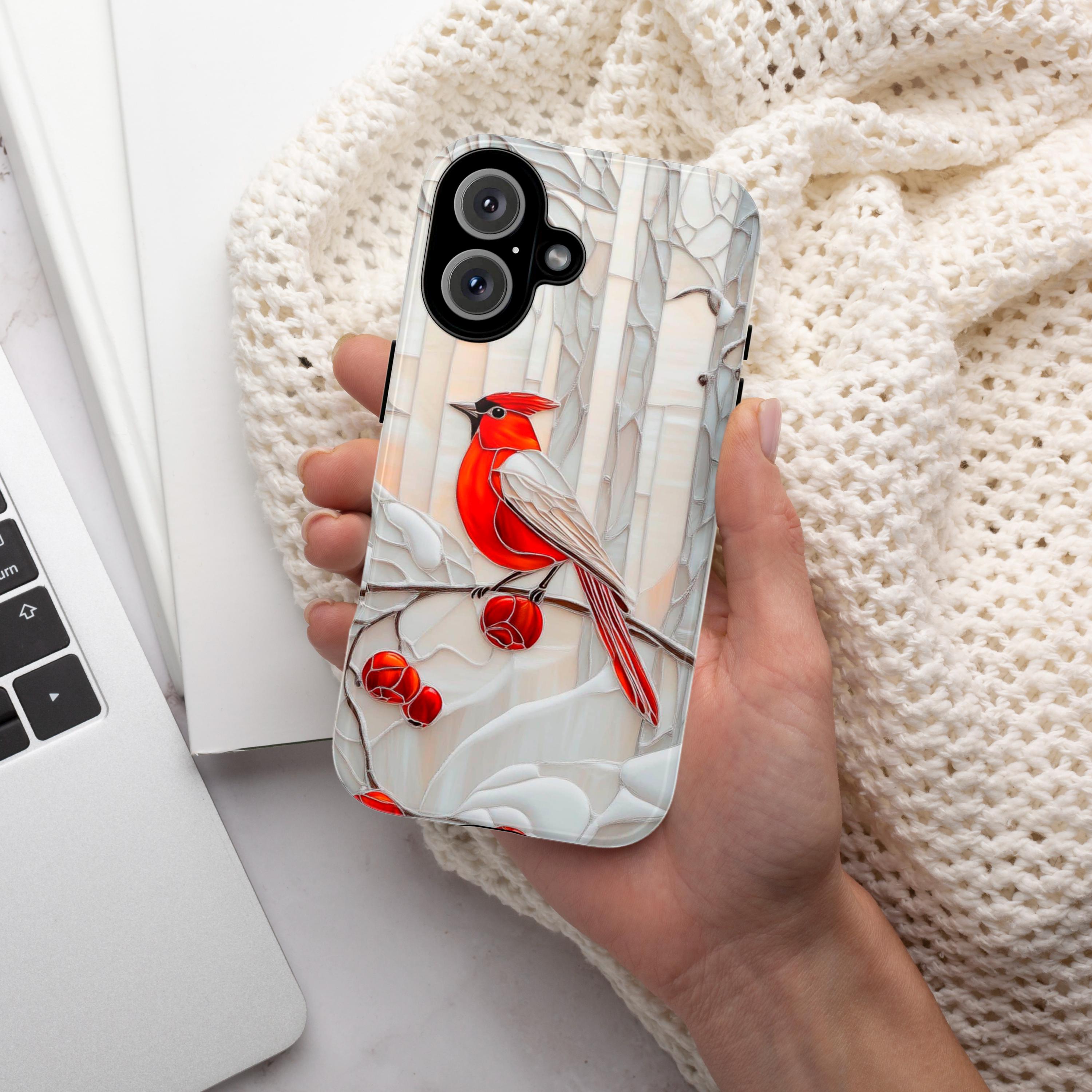 Stained Glass Winter Holiday Phone Case| Red Bird & Floral Design MagSafe for iPhone 16 15 14 13 Pro Max Plus, Samsung S24 Ultra, 420.9