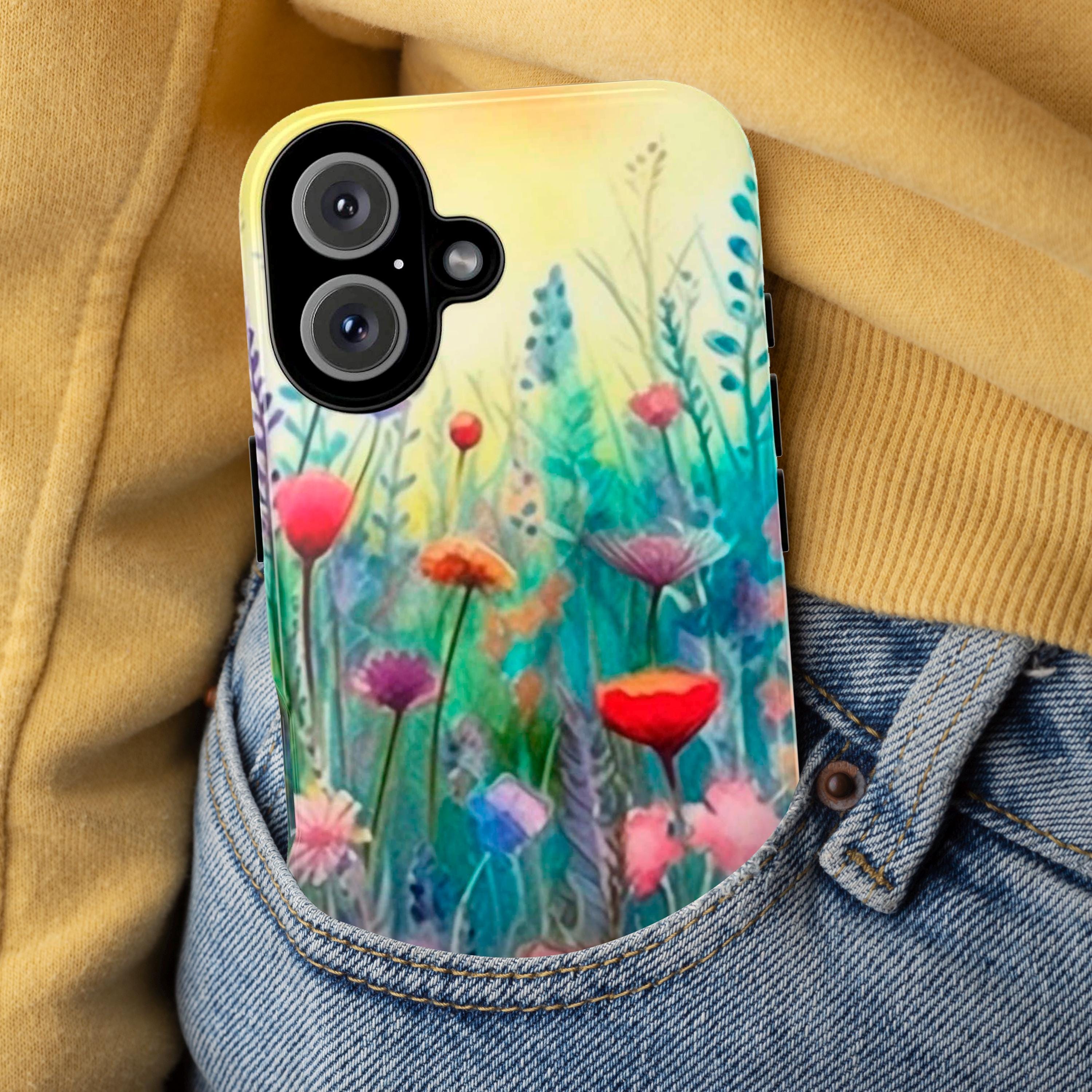 Meadow Floral iPhone Case with Rainbow Ombre Paint Vibes Cover for iPhone 16 15 14 13 Tough or Magsafe, Samsung, Flowers Lovers Gift, 90.3