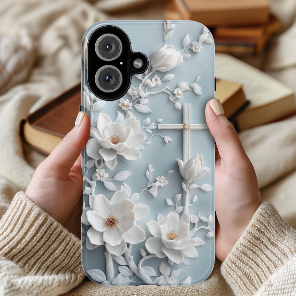 Christian White Cross Floral Phone Case, Elegant Faith Art Cover, Charm Floral Case iPhone 16 15 14 13 Tough or Magsafe, Samsung S25, 472.6