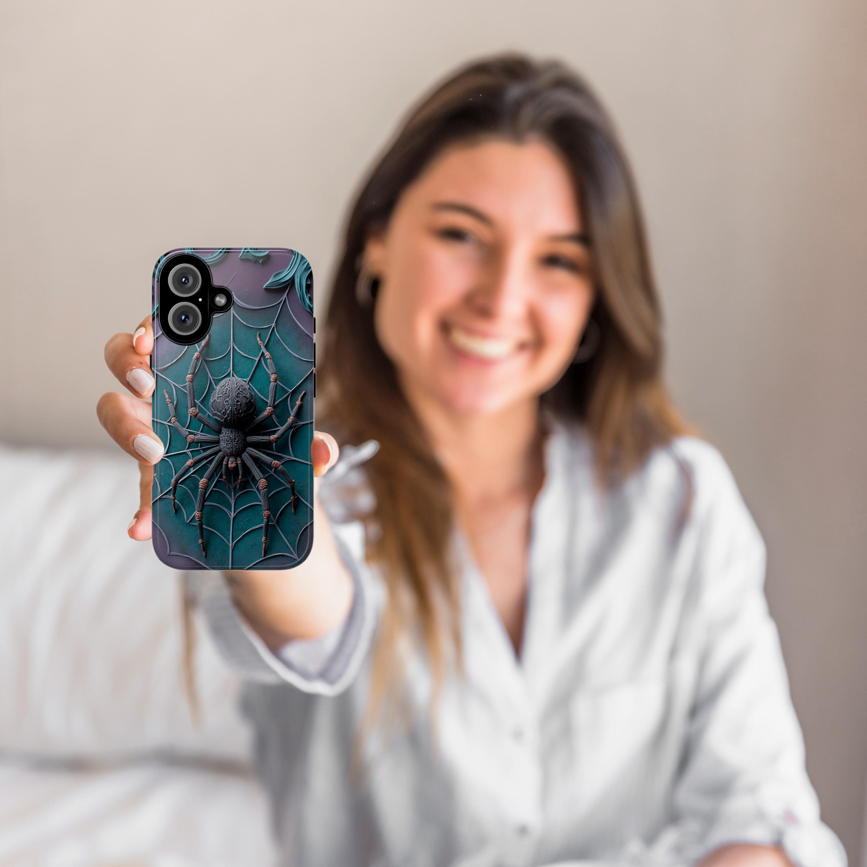 Halloween Spider 3D Phone Case, Creepy Spider Phone Cover, Spooky Horror Lovers for iPhone 16 15 14 13 Tough or Magsafe, Samsung, 475.6