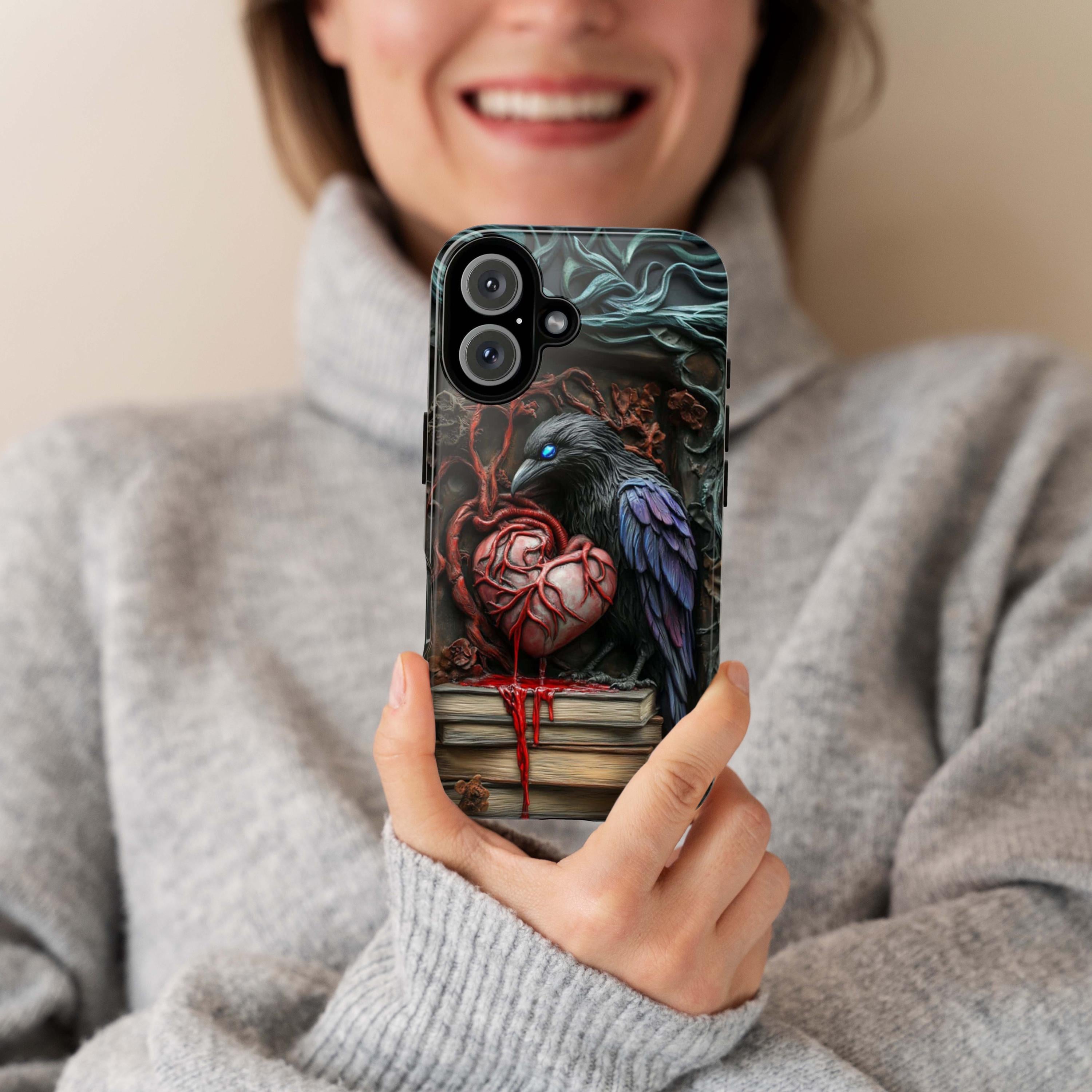 3D Raven, Books and Heart Dark Gothic Phone Case, Dark Academia Mystical Cat Phone Cover for iPhone 16, 15, 14, Samsung Galaxy, 423.7