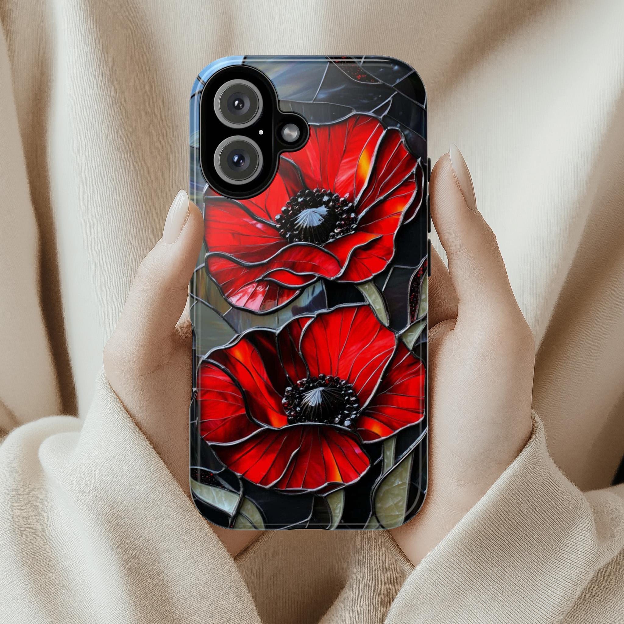 Stained Glass Red Poppies Phone Case, Mosaic Vibrant Red Poppy MagSafe Case for iPhone 16 15 14 13 Tough or MagSafe, Samsung S25, 418.17