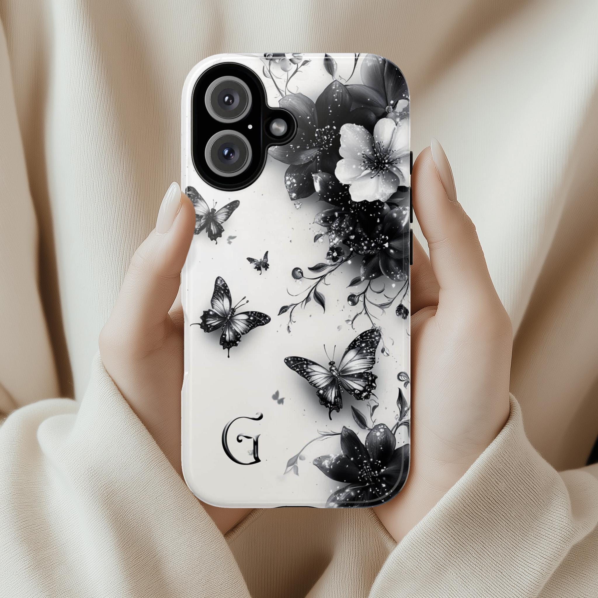 Black Floral Butterfly & Custom Monogram Phone Case, Personalized Monogrammed Design for iPhone 16 15 14 Tough or Magsafe, Samsung, 469.3