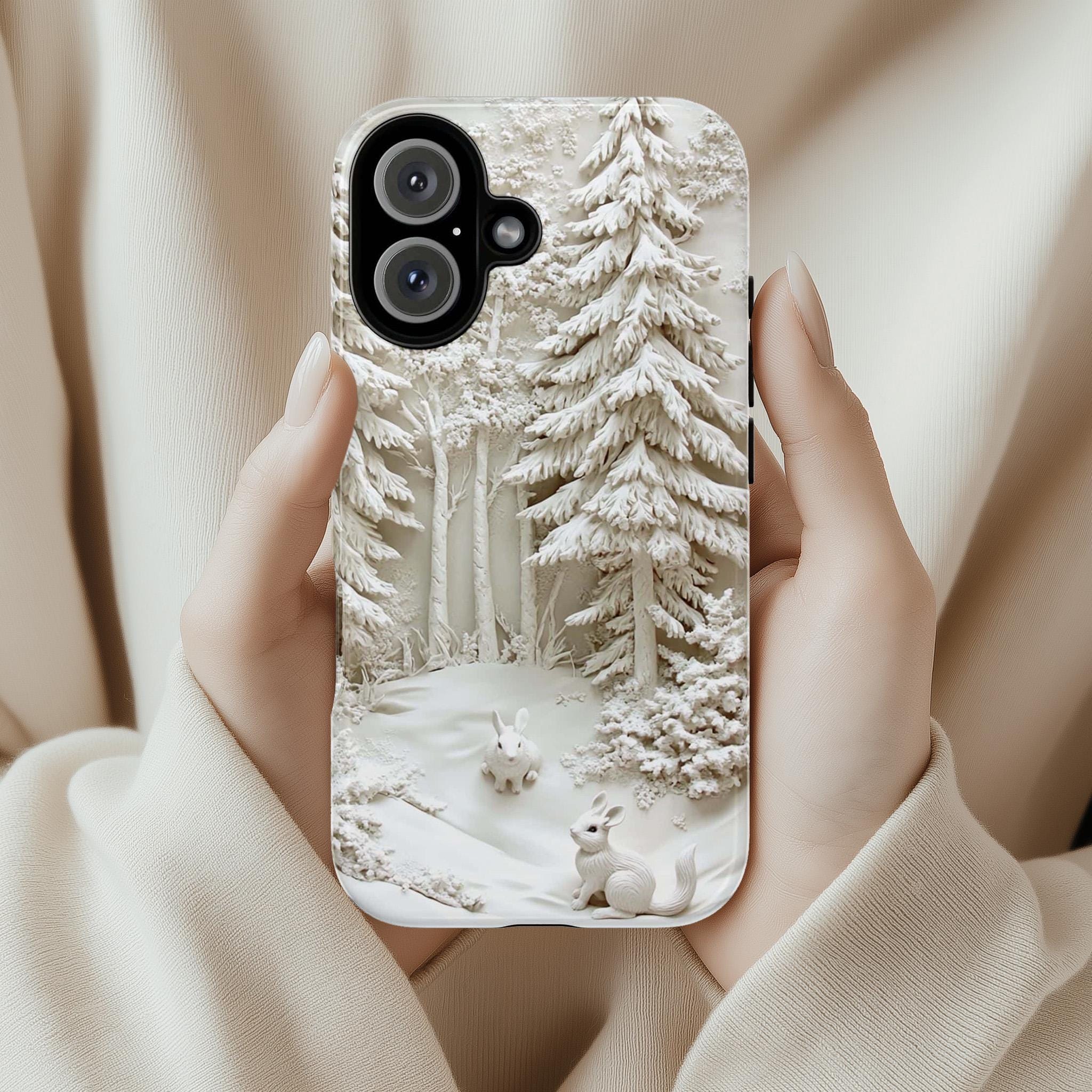 Winter Wonderland Rabbit Phone Case, 3D Snowy Forest MagSafe for iPhone 16 15 14 13 12 Pro Max Plus, Samsung S24 Ultra, Pixel 8, 433.10