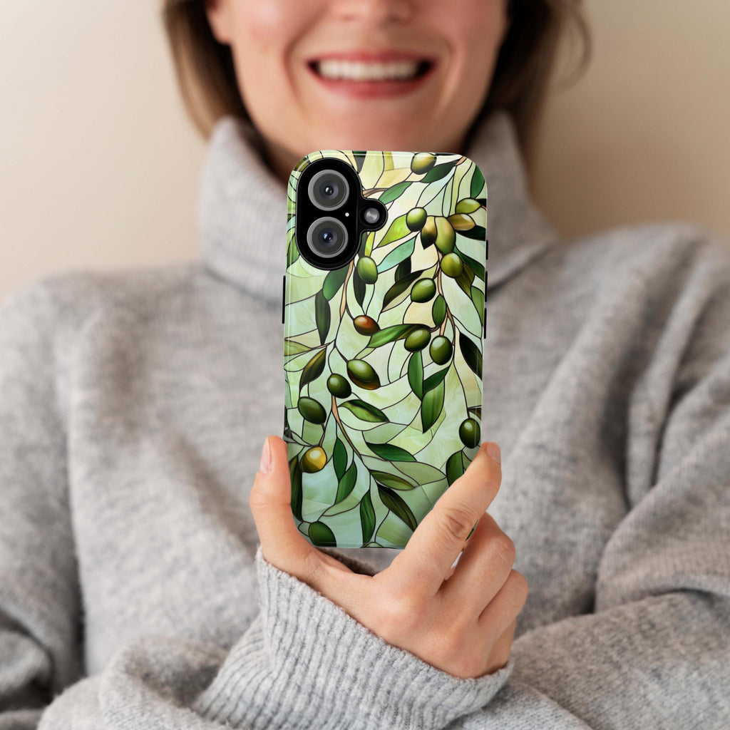 Pastel Olives Stained Glass Phone Case, 3D Green Olive Branch Magsafe for iPhone 16 15 14 13 12 11 Pro Max Plus / Samsung S24 Pixel, 418.7