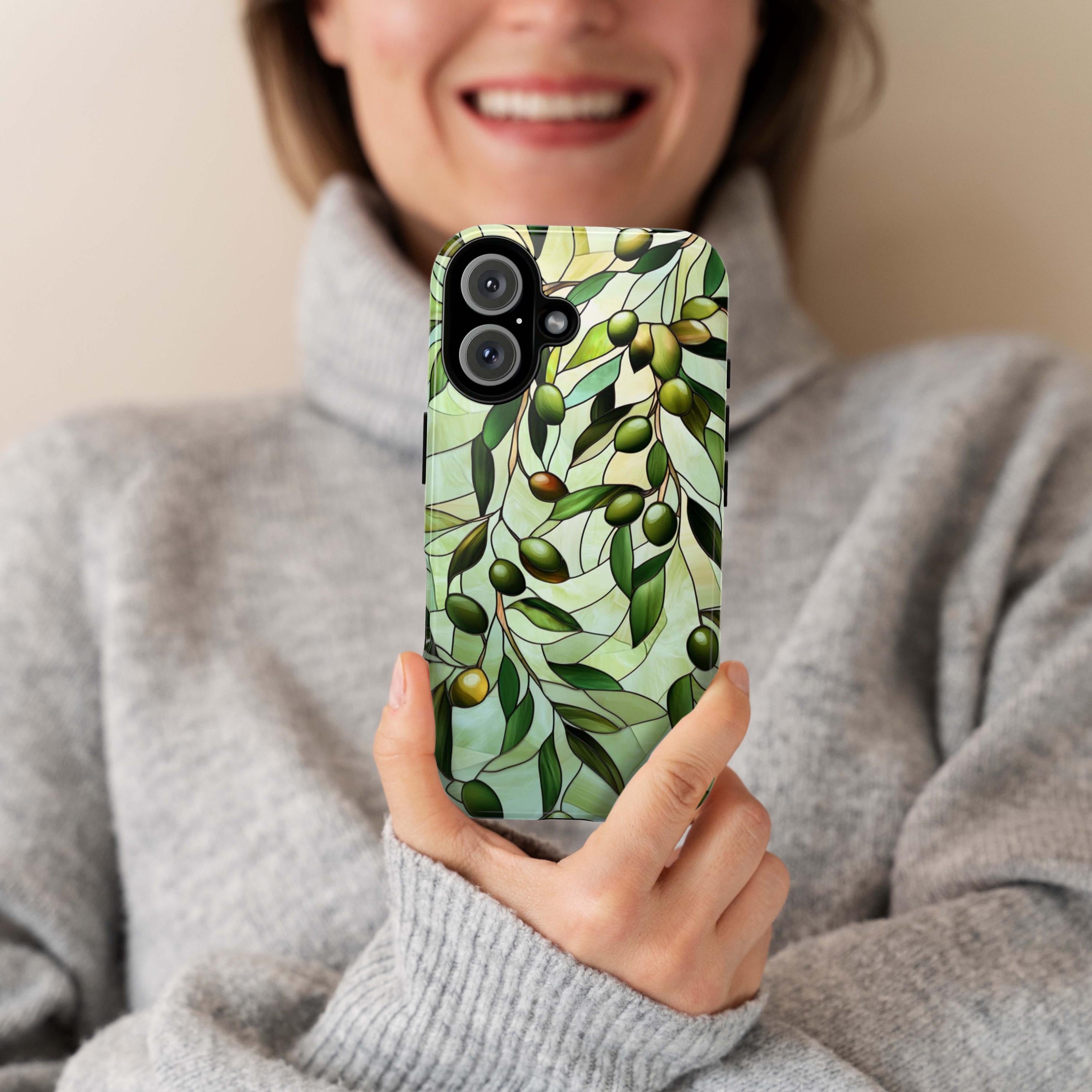 Pastel Olives Stained Glass Phone Case, 3D Green Olive Branch Magsafe for iPhone 16 15 14 13 12 11 Pro Max Plus / Samsung S24 Pixel, 418.7