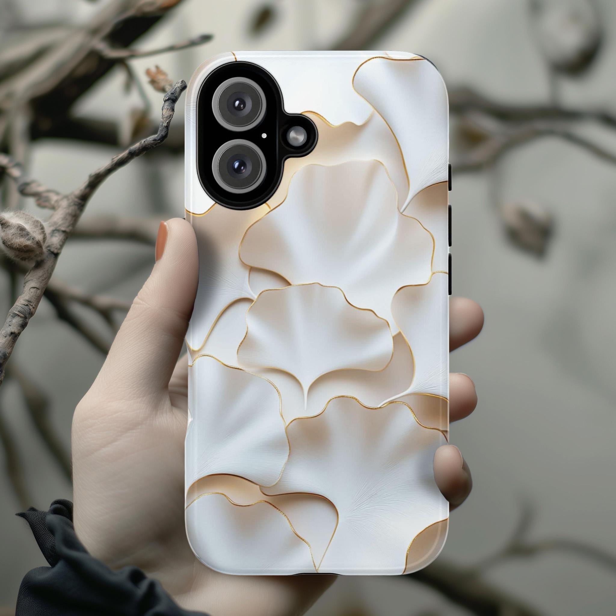 White Ginkgo Leaf Phone Case, 3D Style Gold Edged Design, Botanical Art Case for iPhone 16 15 14 13 Magsafe Pro Max, Samsung S25, 439.61