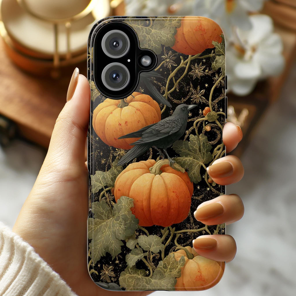 Halloween Phone Case, Pumpkins & Crows with Vine Tendrils Cover, Gothic Fall Vibes for iPhone 16 15 14 Tough or Magsafe, Samsung, 475.10