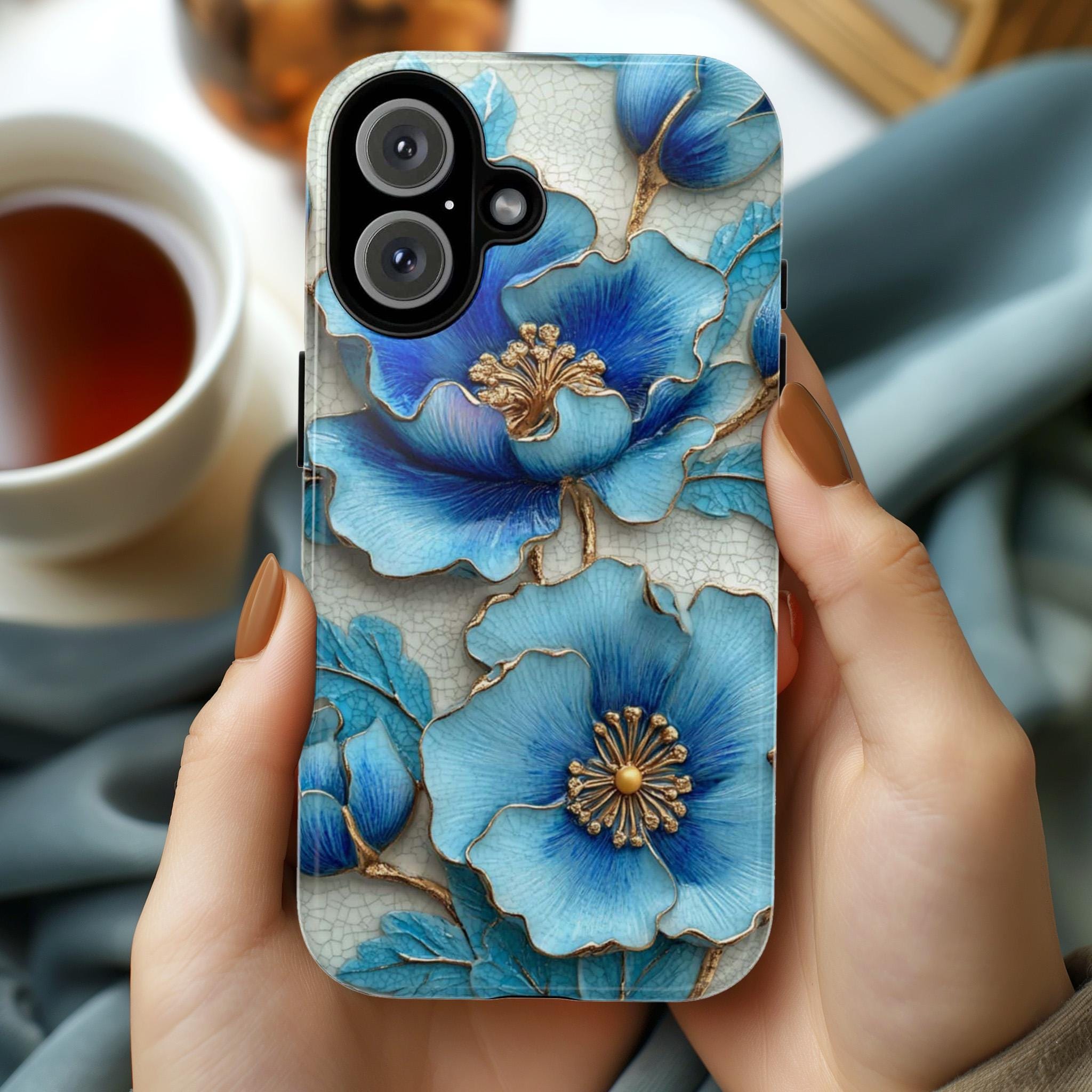 3D Turquoise Blue Floral Phone Case, Elegant Mosaic Design Stylish Accessory Textured 3D Effect for iPhone Tough or Magsafe, Samsung, 476.13