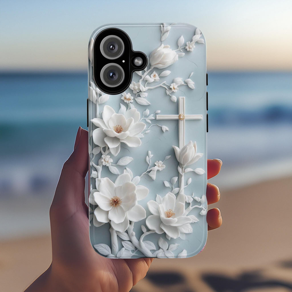 Christian White Cross Floral Phone Case, Elegant Faith Art Cover, Charm Floral Case iPhone 16 15 14 13 Tough or Magsafe, Samsung S25, 472.6