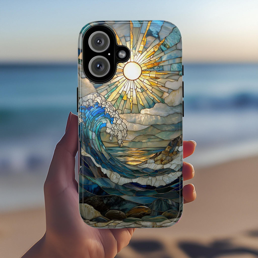 Stained Glass Sunset Ocean Phone Case, Sea-Wave Inspired Cover, Beach Lovers Gift Case Tough or Magsafe for iPhone 16 15 14 13, 455.12