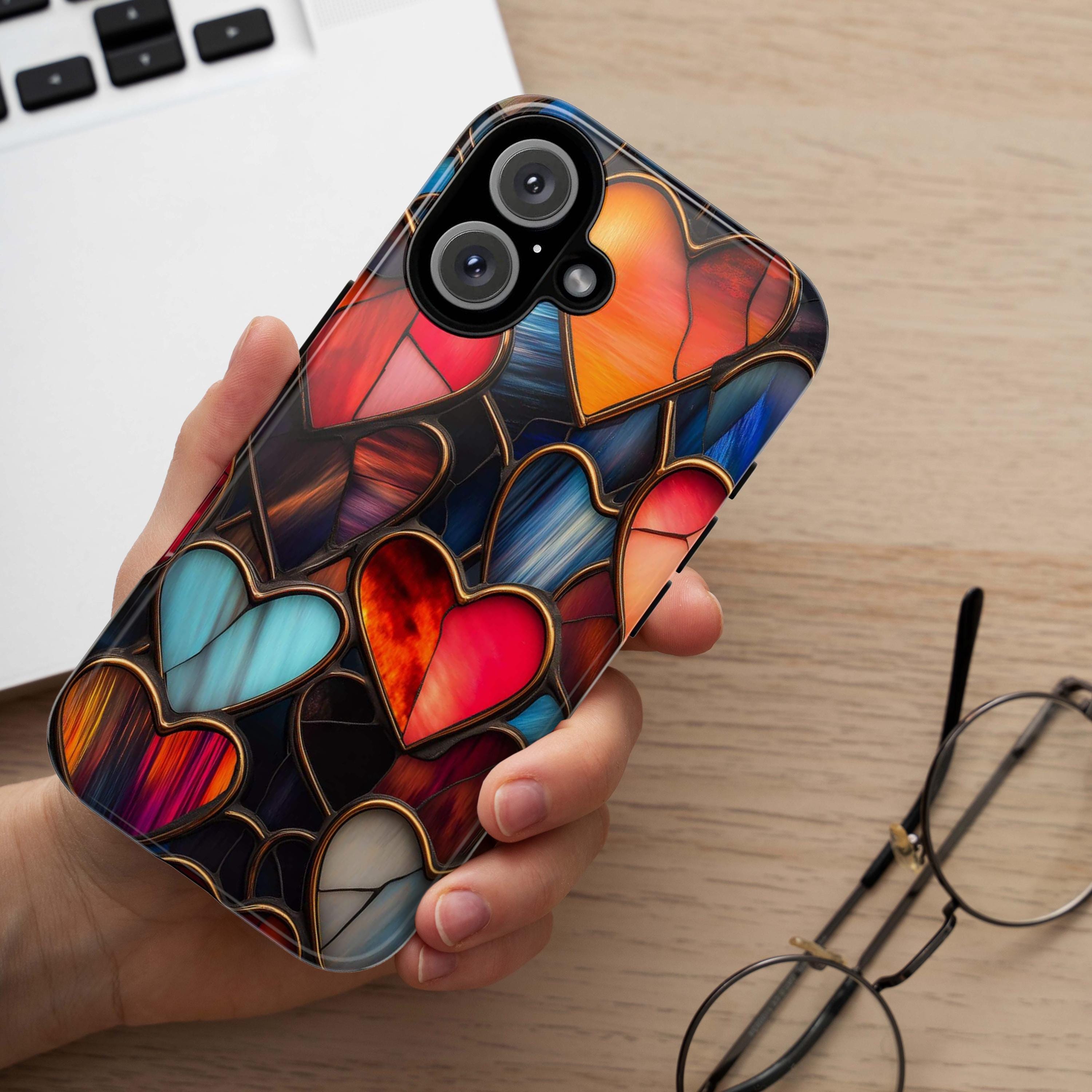 Stained Glass Hearts Phone Case, Valentines Day 3D Design, Perfect for Valentines Day Gift, Artistic Case for iPhone Magsafe, Samsung, 462.2