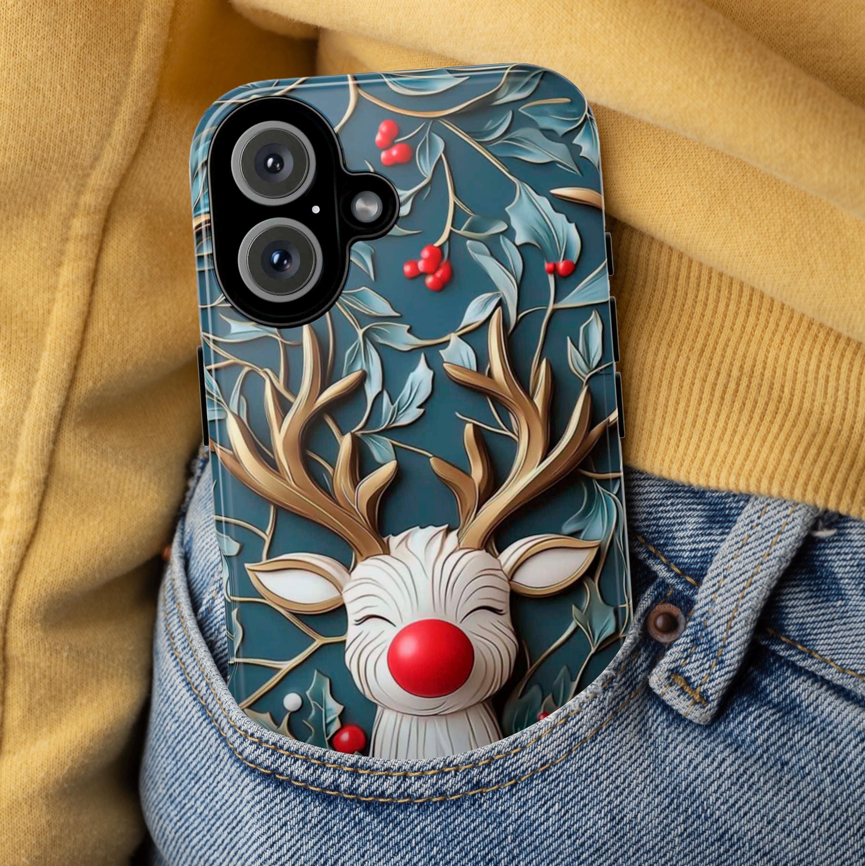 Rudolph Reindeer Phone Case, Festive Christmas Design, Cute Christmas Phone Cover, Xmas Gift for iPhone 16 15, Samsung Galaxy, 433.12