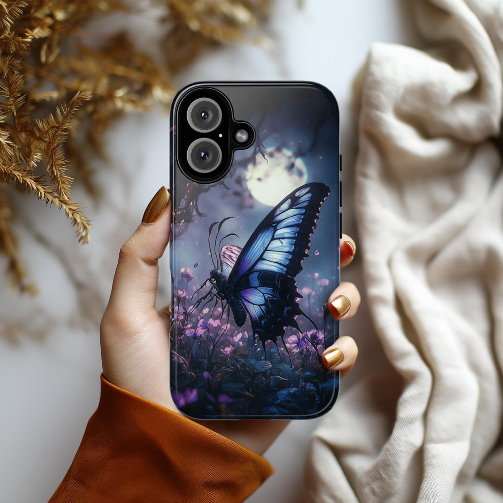 Gothic Butterfly Phone Case, Pink Flowers & Moon Design, Dark Fantasy Mystic Art Phone Cover for iPhone 16, Samsung S25, Pixel 9, 463.8