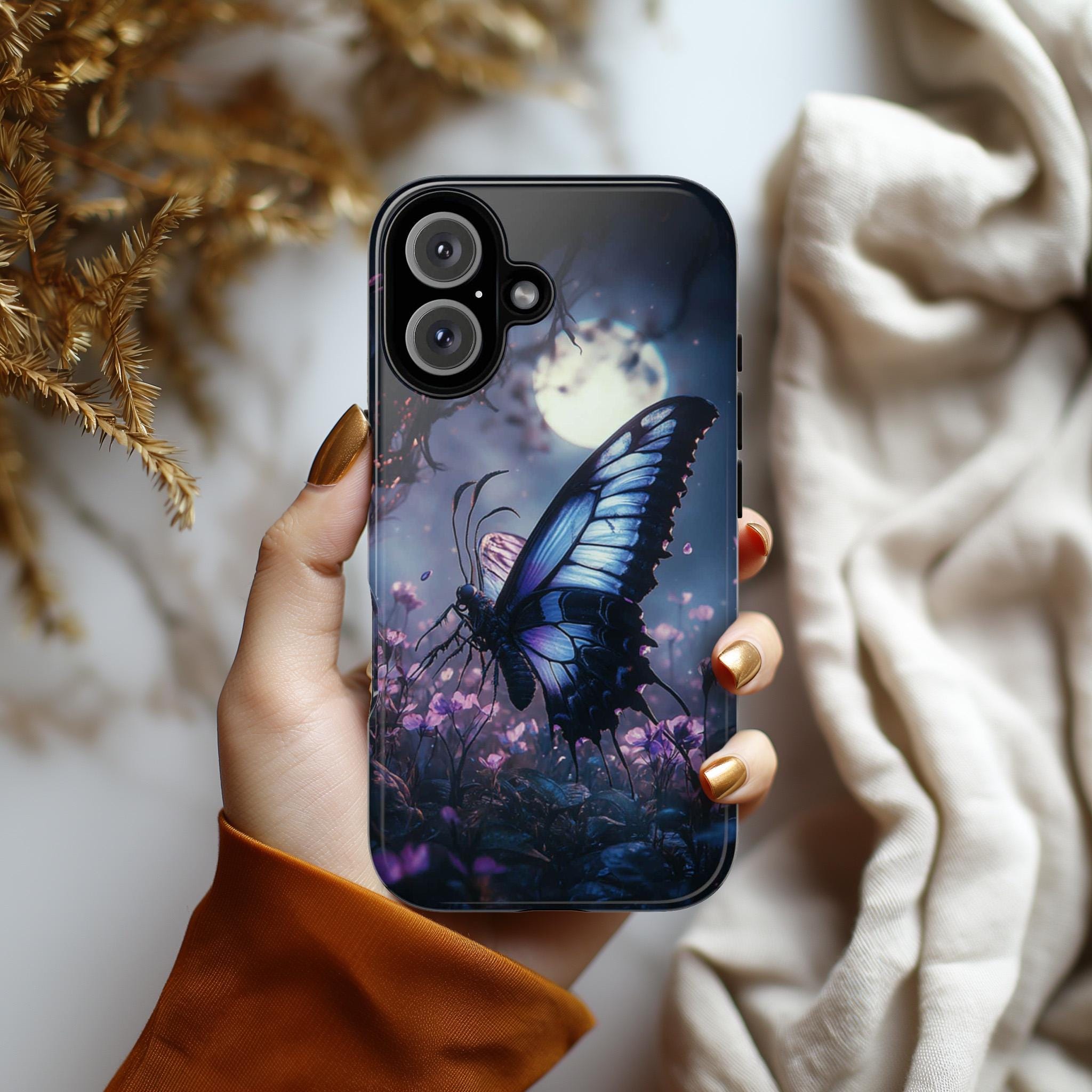 Gothic Butterfly Phone Case, Pink Flowers & Moon Design, Dark Fantasy Mystic Art Phone Cover for iPhone 16, Samsung S25, Pixel 9, 463.8