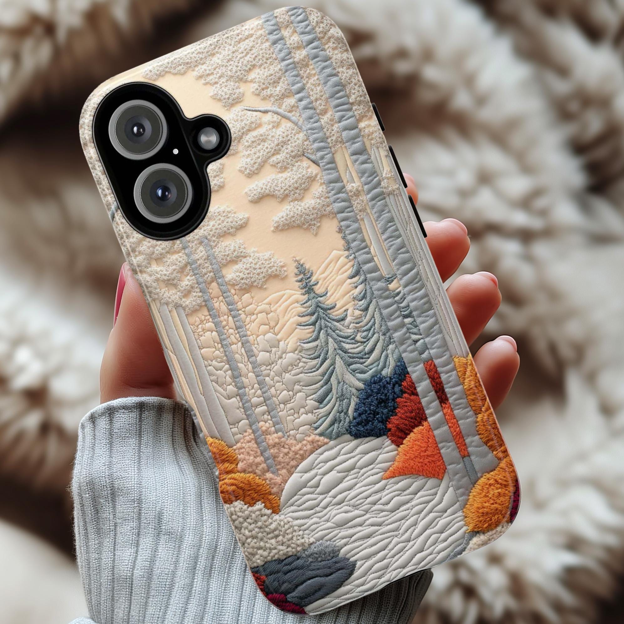 3D Embroidered Look Phone Case with Raised Forest and Winter Landscape Design, Textured Nature Scene Cover for iPhone, Samsung, 453.12