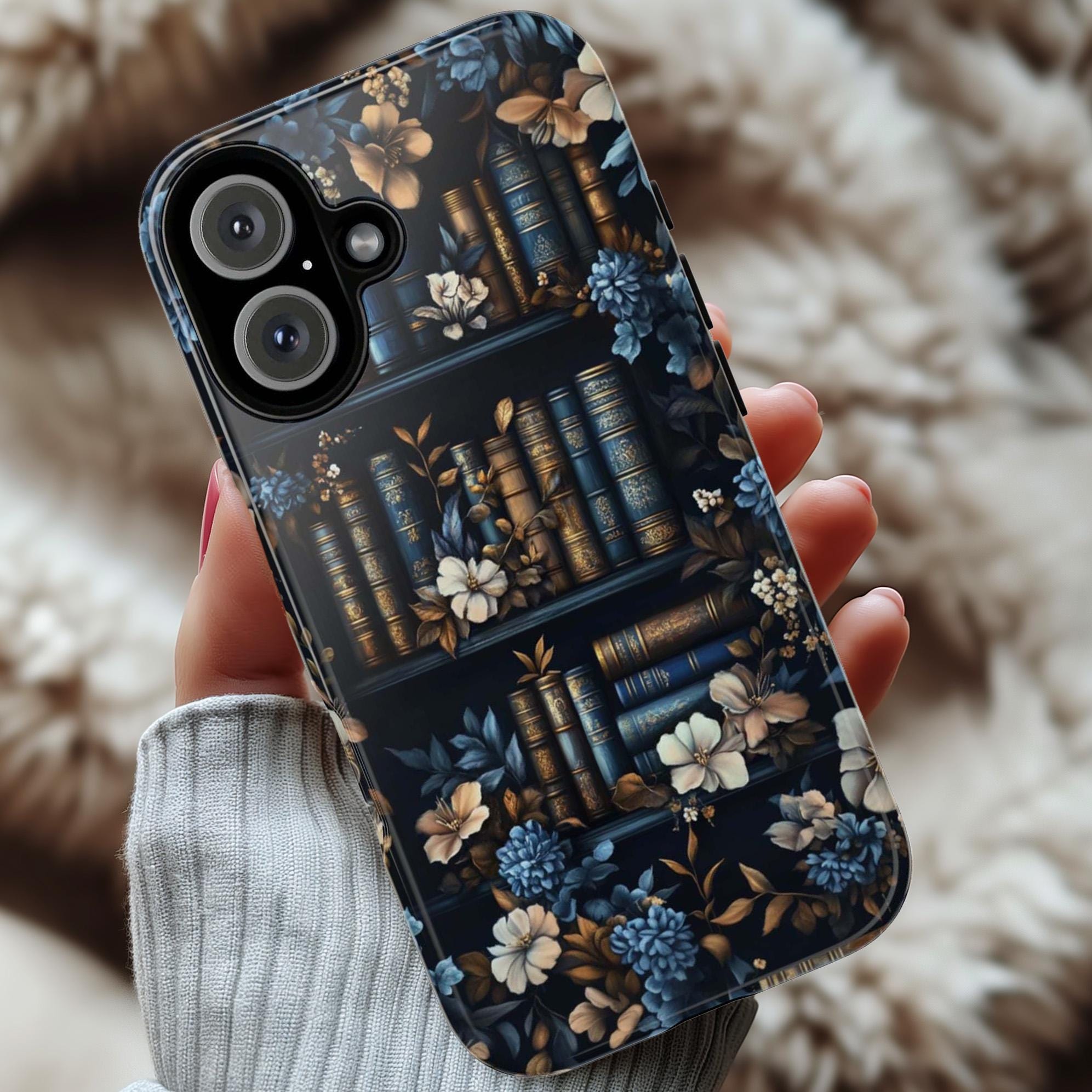 Vintage Library Floral Phone Case, Book and Blue Flowers Design, Bookworm Phone Case for iPhone 16 15 14 13 Magsafe, Samsung S25, 423.23