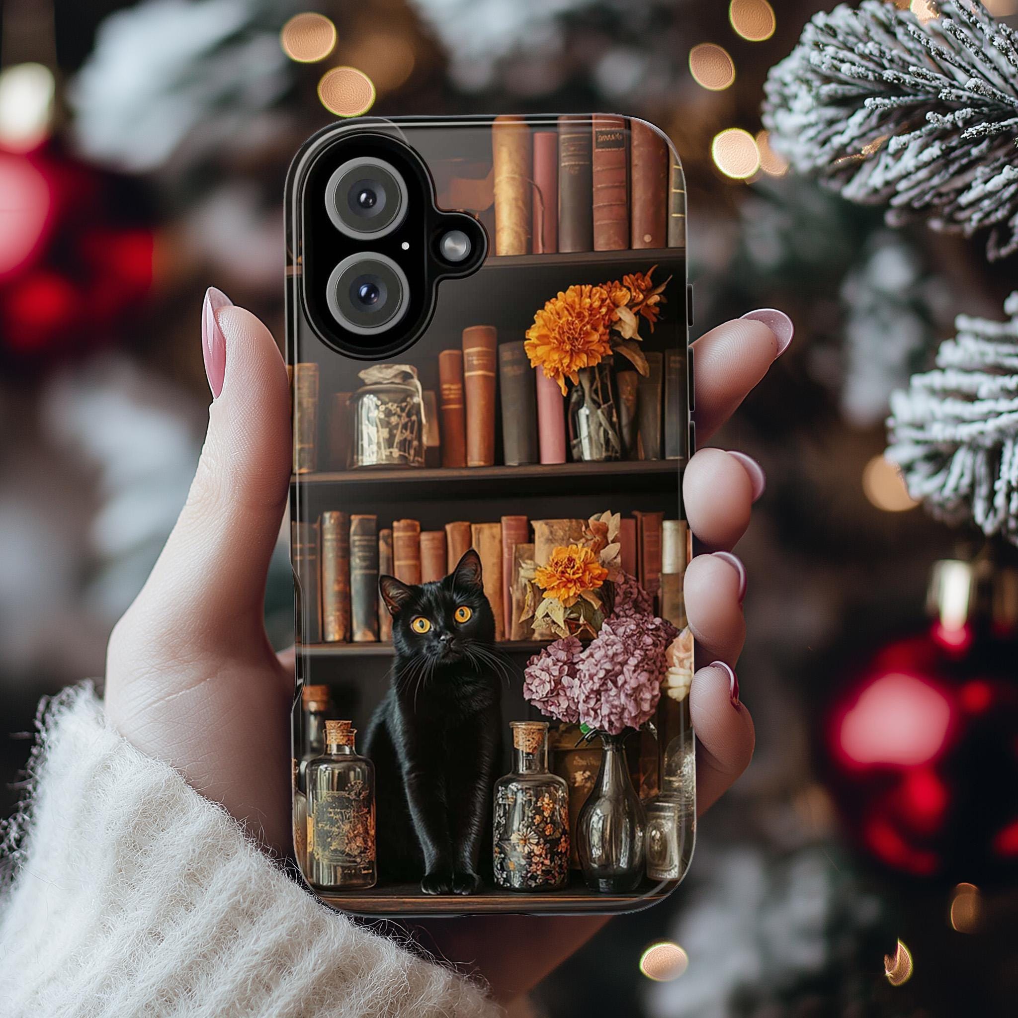 3D Black Cat with Autumn Bookshelf and Flowers Phone Case, Gothic Dark Academia, Mystical Cat and Floral Art for iPhone 16, Samsung, Pixel