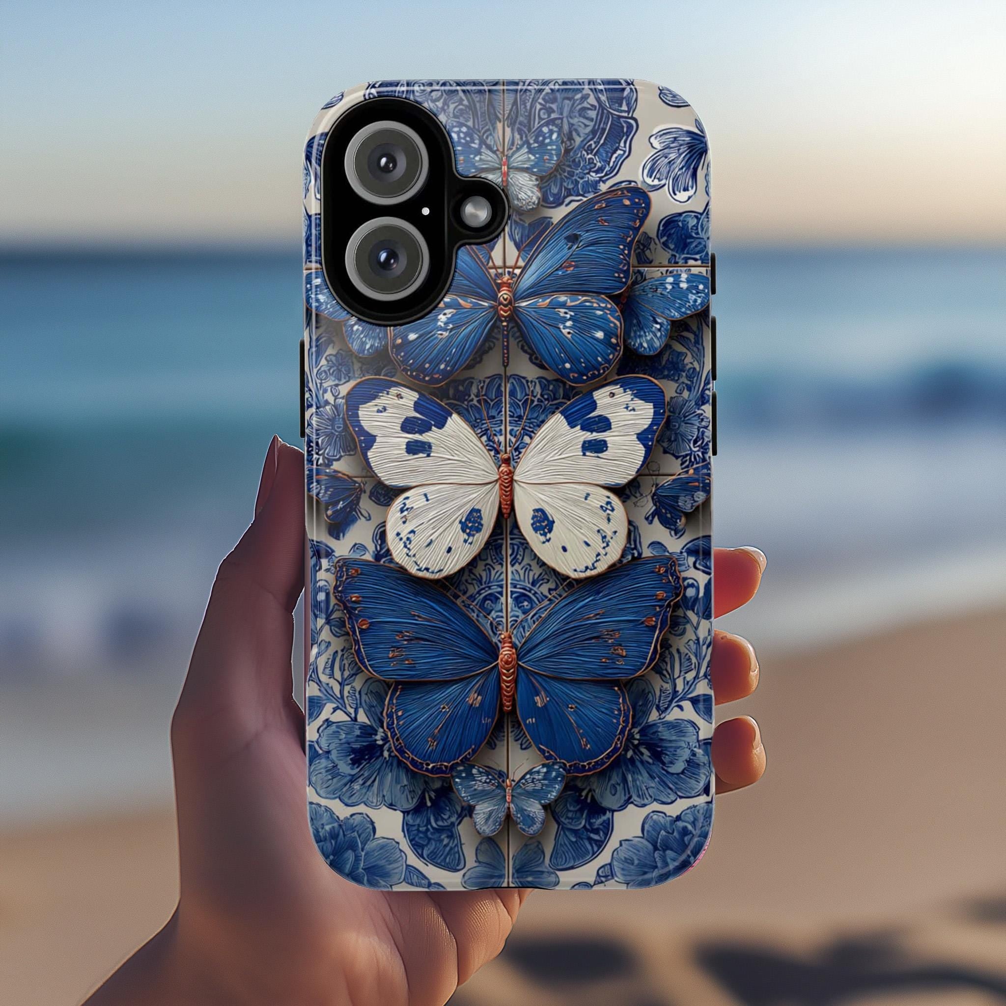 3D Blue Butterfly Phone Case with Tile Effec, Artistic Protective Smartphone Cover for iPhone Tough or Magsafe, Samsung, 476.27