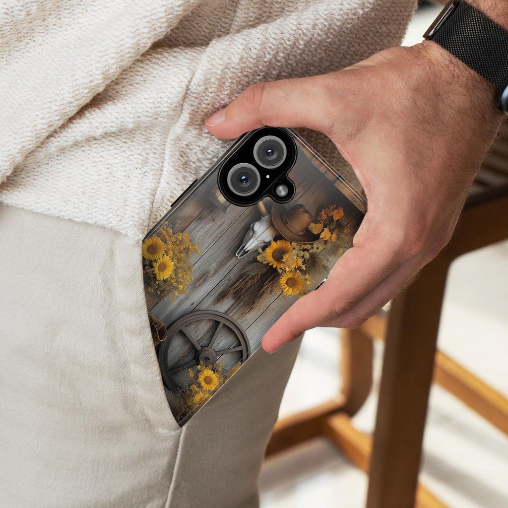 Rustic Western Style Phone Case, Sunflower Phone Case, Cow Skull Vintage Farmhouse Phone 16 15 14 13 Pro Max Plus, Samsung S24, 460.1