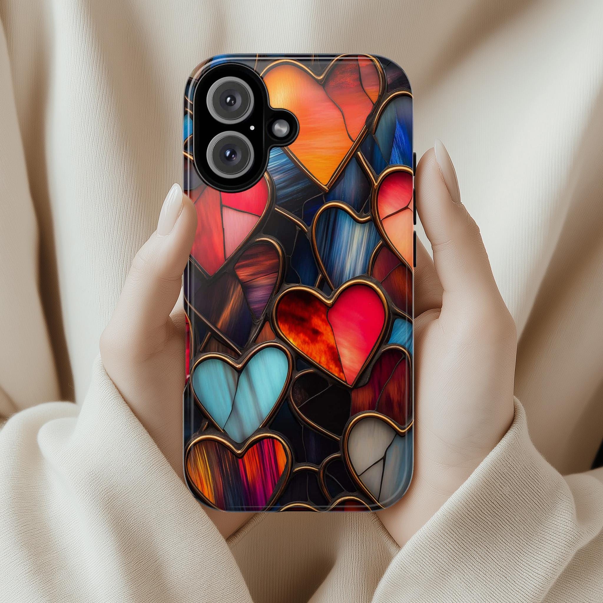 Stained Glass Hearts Phone Case, Valentines Day 3D Design, Perfect for Valentines Day Gift, Artistic Case for iPhone Magsafe, Samsung, 462.2