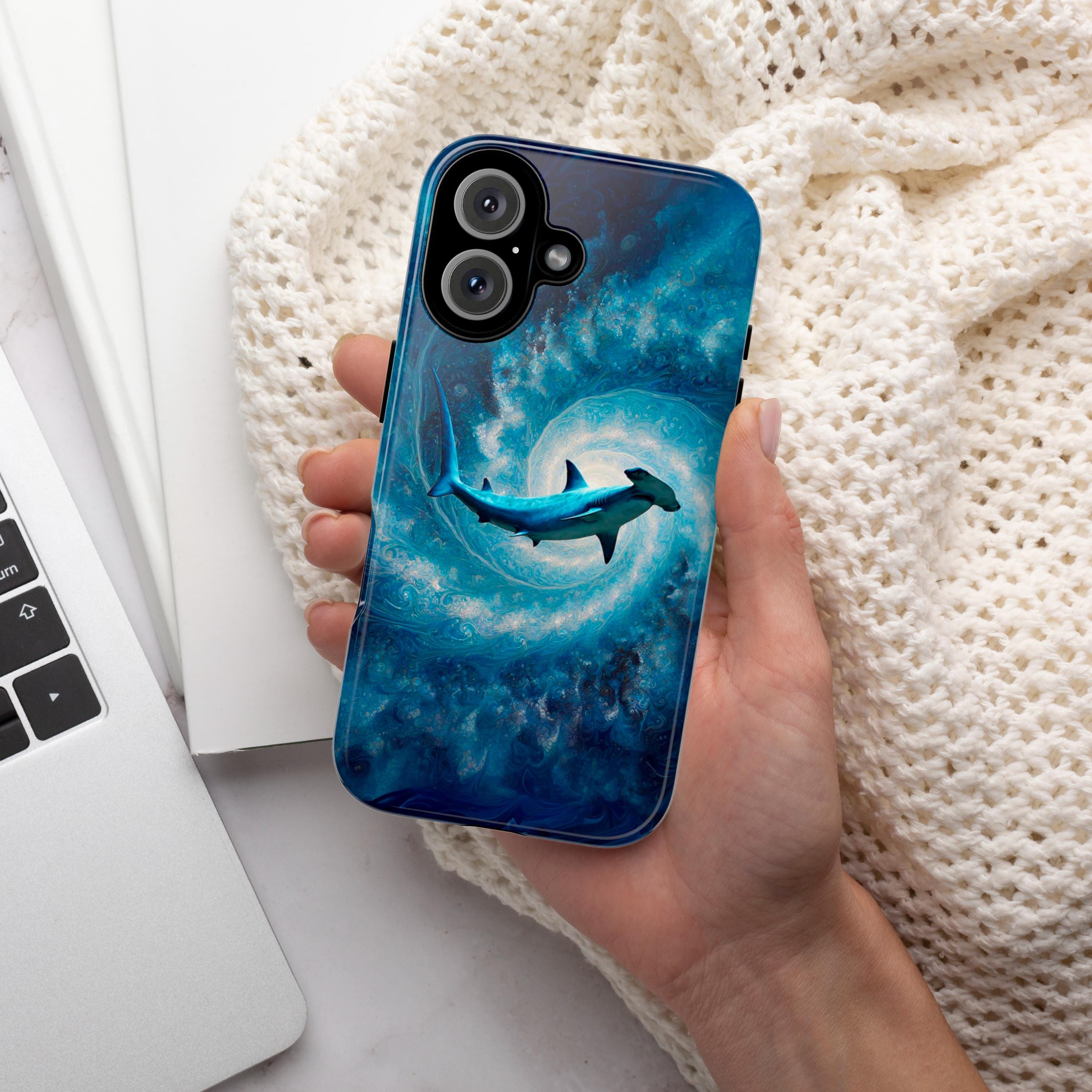 Ocean Inspired Phone Case with Shark Design, Blue Aesthetic Protective Cover, Unique Marine Life Gift for iPhone and Android Models, 466.11