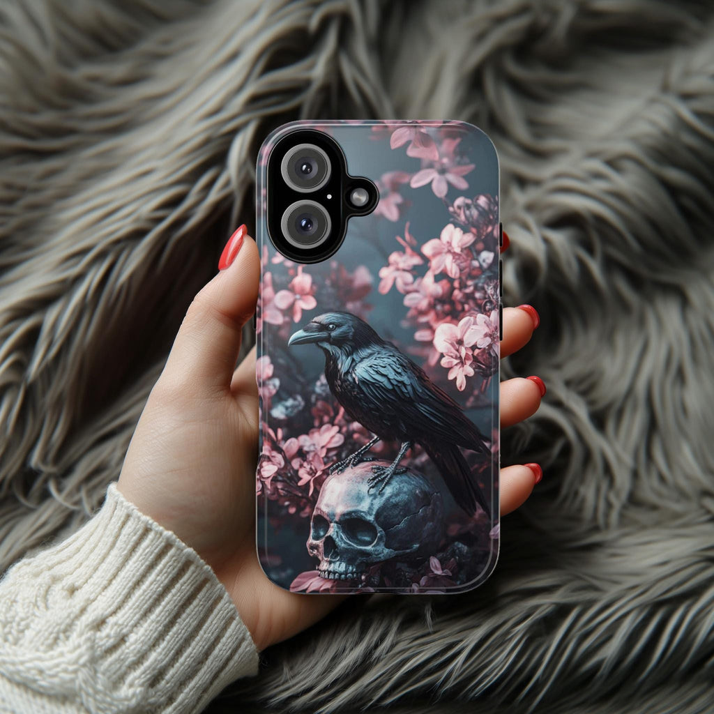 Dark Gothic Raven and Skull Phone Case, Pink Floral Design Phone Case for iPhone 16,15 Magsafe, Samsung Galaxy S25, Pixel 9, 422.11
