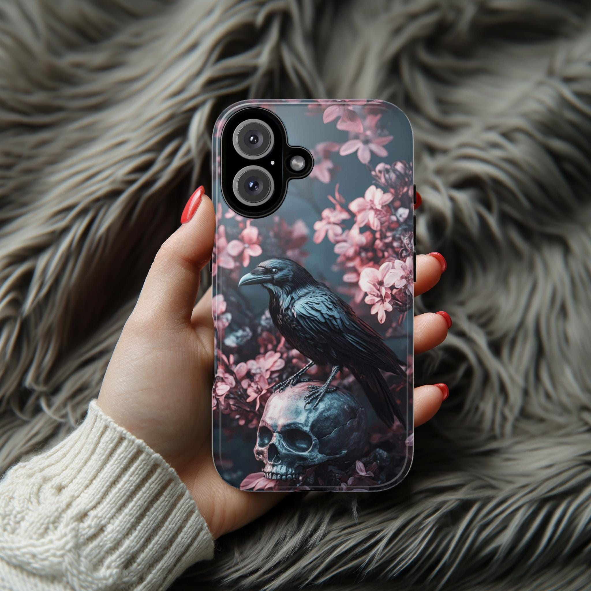 Dark Gothic Raven and Skull Phone Case, Pink Floral Design Phone Case for iPhone 16,15 Magsafe, Samsung Galaxy S25, Pixel 9, 422.11