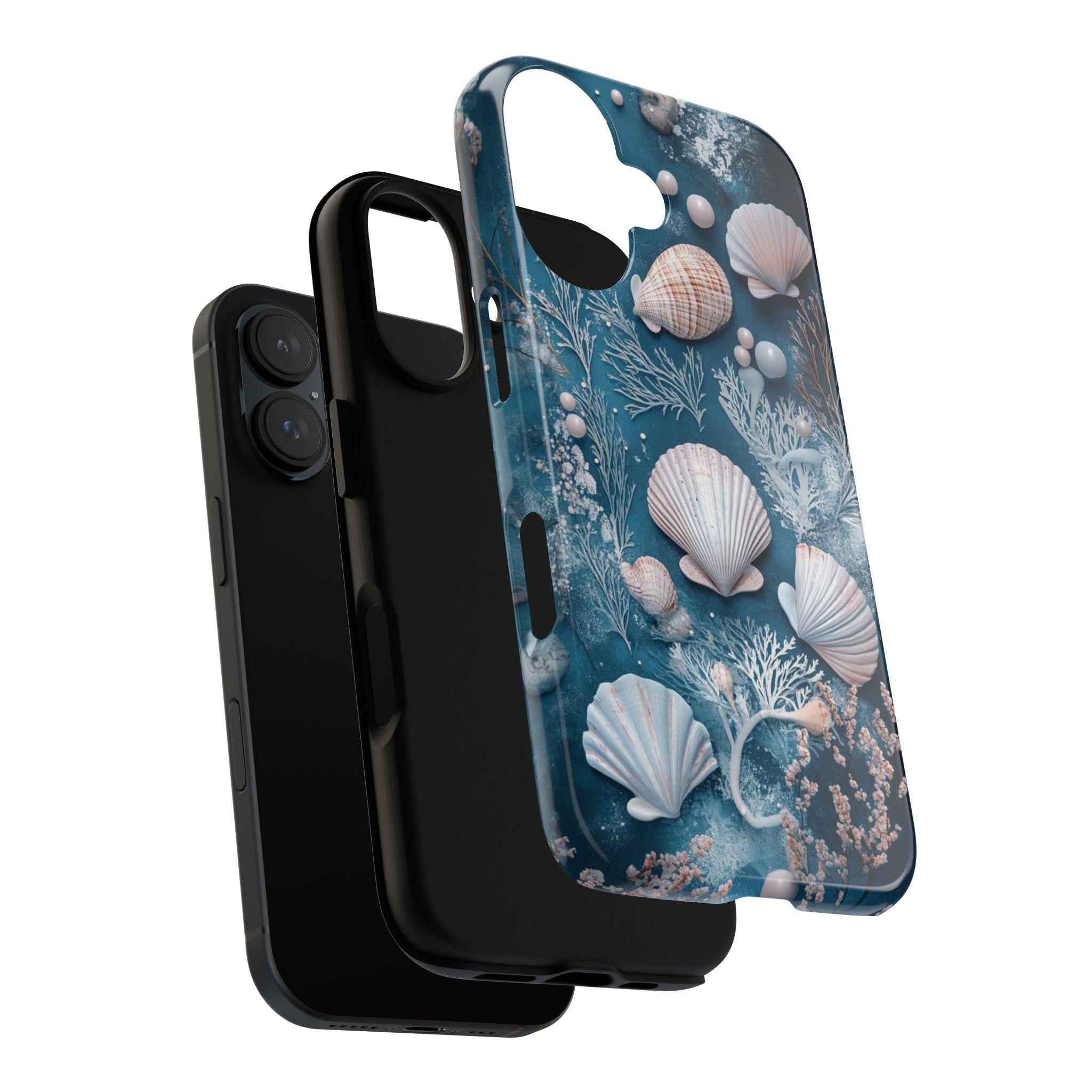 Ocean Shell Phone Case, 3D Stlye Blue Sea Design & Marine Plants, Seashells Underwater Texture Tough or Magsafe for iPhone, Galaxy, 455.17