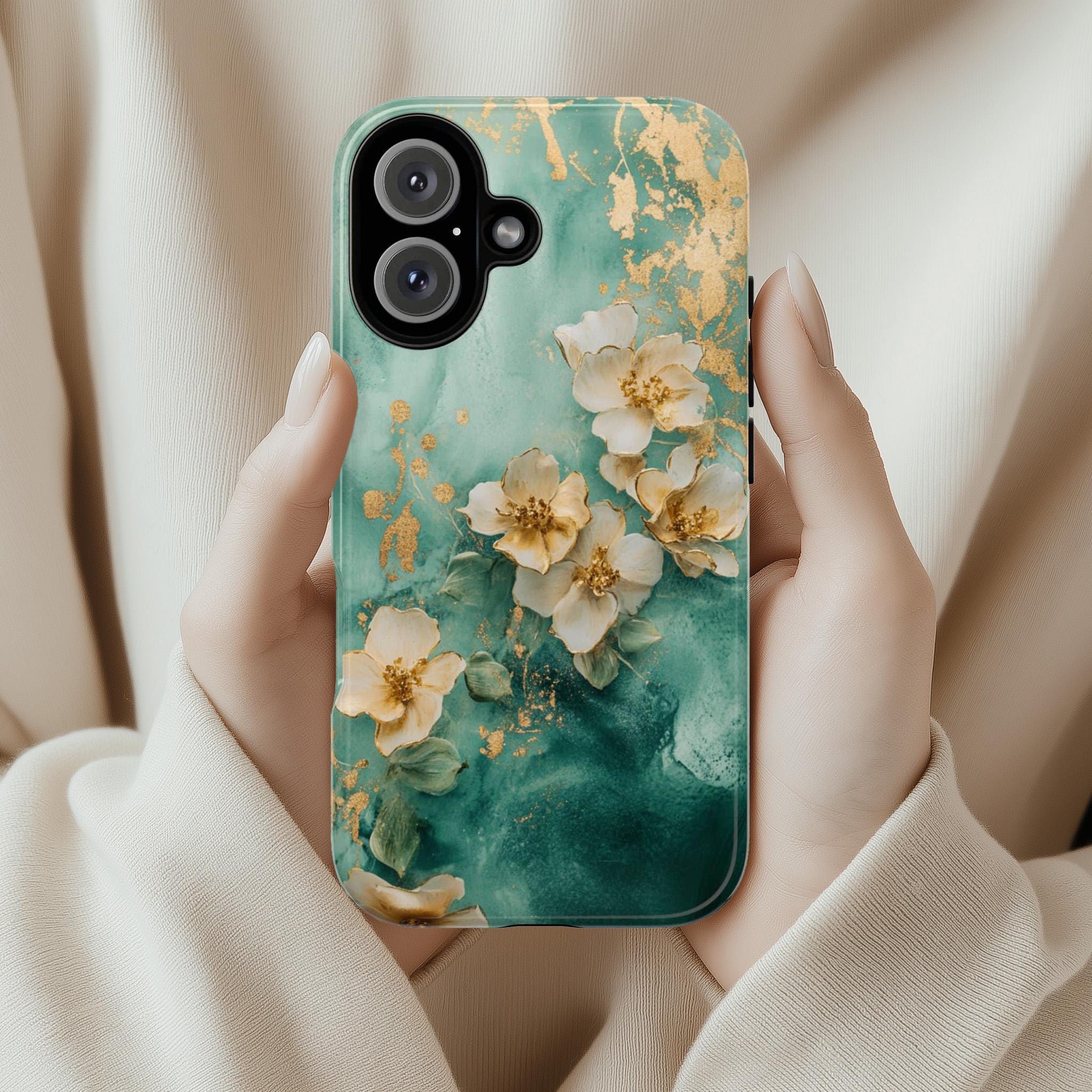 Pastel Golden Flowers Art Phone Case, Glitter Floral Design, Romantic Blossom Phone Cover for iPhone 16 15 Pro Max Plus, Samsung S24, 436.3