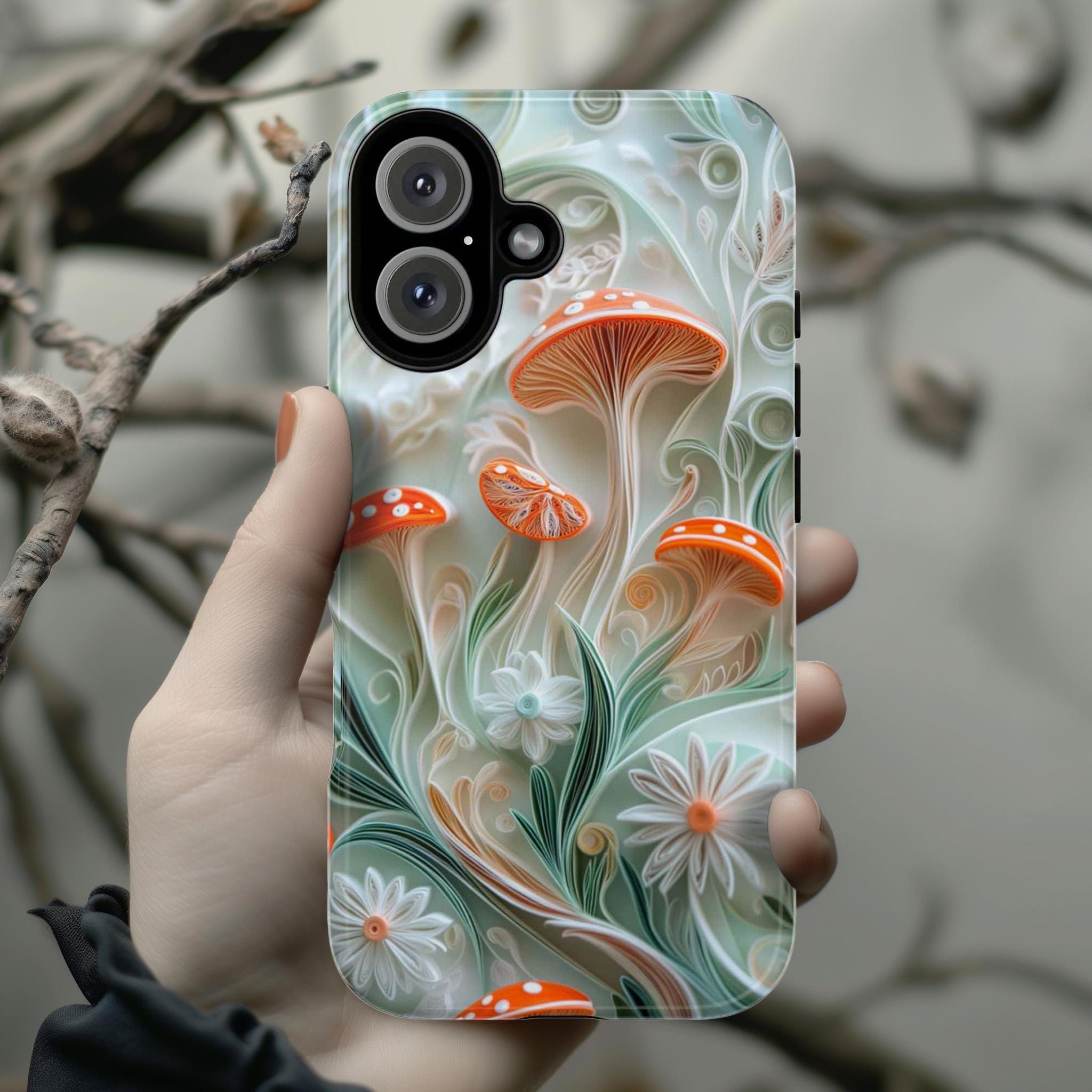 Magical Forest Mushroom Phone Case with Paper Art Design, Woodland & Nature Lovers for iPhone 16 15 14 13 Tough or Magsafe, Samsung, 470.14