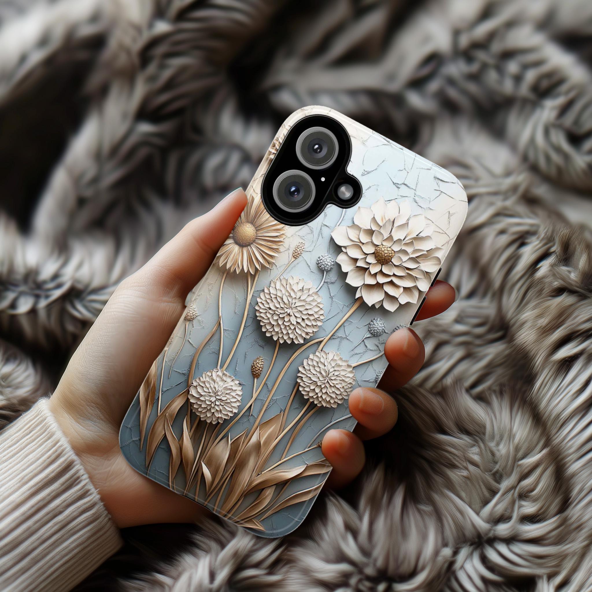 3D Art Pastel Florwers Phone Case, Delicate Floral Dandelion Design Phone Cover for iPhone 16 15 14 13 Magsafe, Samsung S25, 439.35