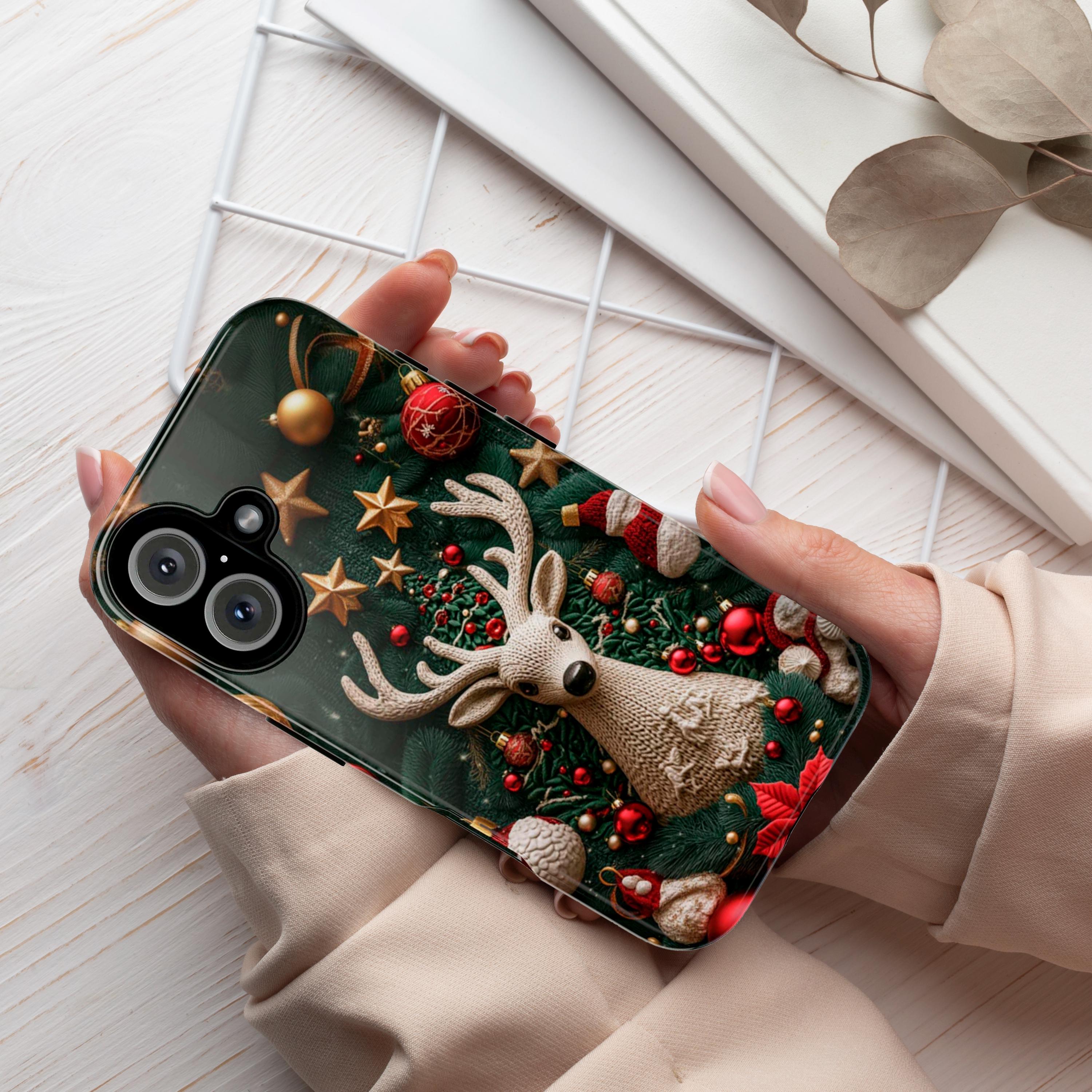 3D Knitted Christmas Reindeer Phone Case, Festive Knit Effect Holiday Design, Christmas Ornaments Mobile Cover, Protective Xmas Gift, 443.2