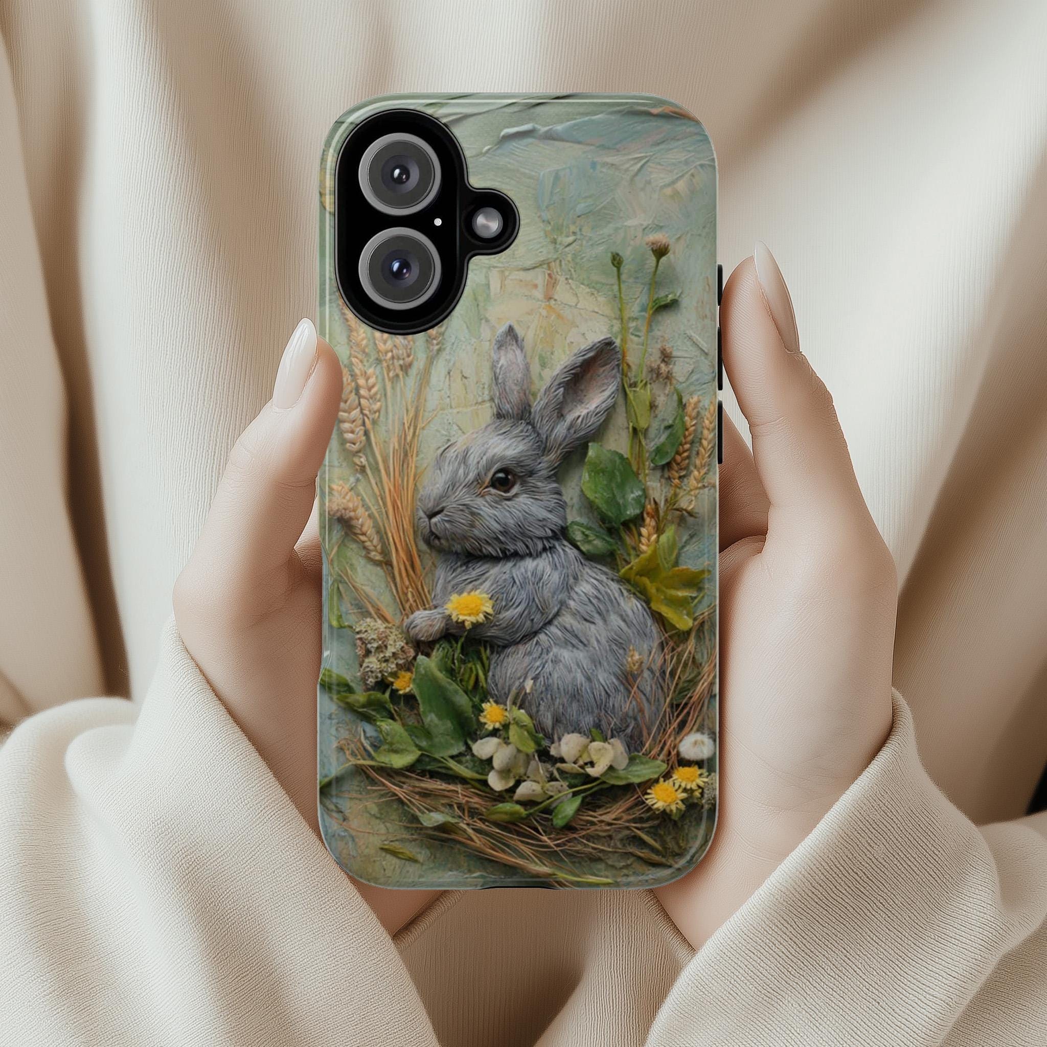 Spring Bunny Phone Case, 3D Floral Design, Easter-Inspired Phone Case for iPhone 16, 15, 14, 13 Magsafe, Samsung Galaxy S24, Pixel 9, 464.1