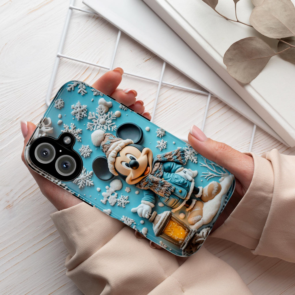 Mickey Mouse 3D effect Phone Case, Cartoon Xmas Design, Blue Mickey Mouse Christmas Phone Case iPhone 16 15 14 Magsafe, Samsung S24, 442.7
