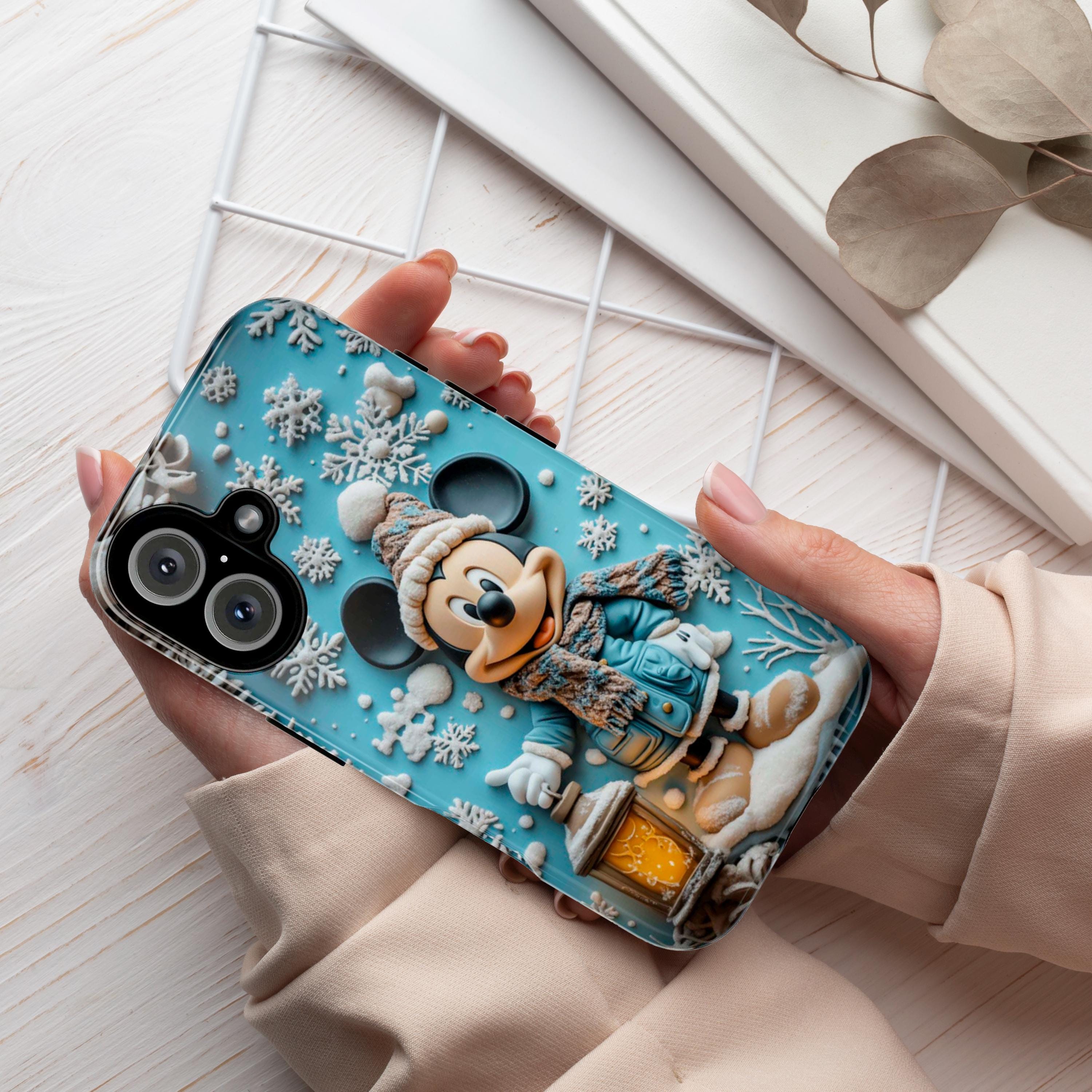 Mickey Mouse 3D effect Phone Case, Cartoon Xmas Design, Blue Mickey Mouse Christmas Phone Case iPhone 16 15 14 Magsafe, Samsung S24, 442.7