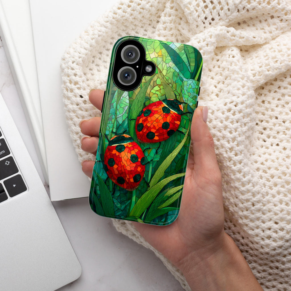Stained Glass Ladybugs & Plants Phone Case, Artistic Nature Cover, Garden Design for iPhone 16 15 14 13 Tough or Magsafe, Samsung, 478.1