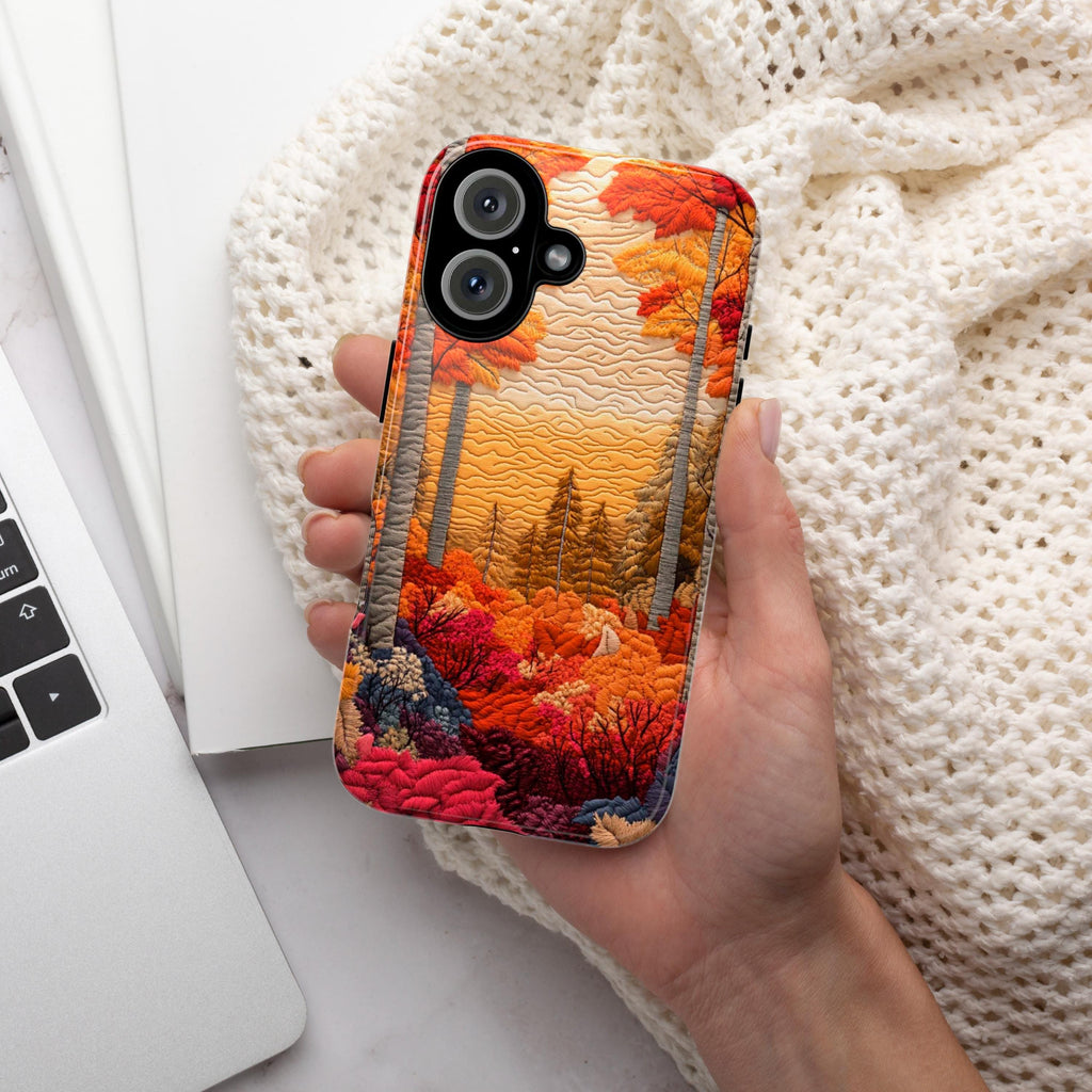 Fall Landscape Patchwork MagSafe Phone Case, Cozy Autumn Design with Fall Forest and Sunset Case for iPhone 16 15 14 13 / Samsung S24, 453.1