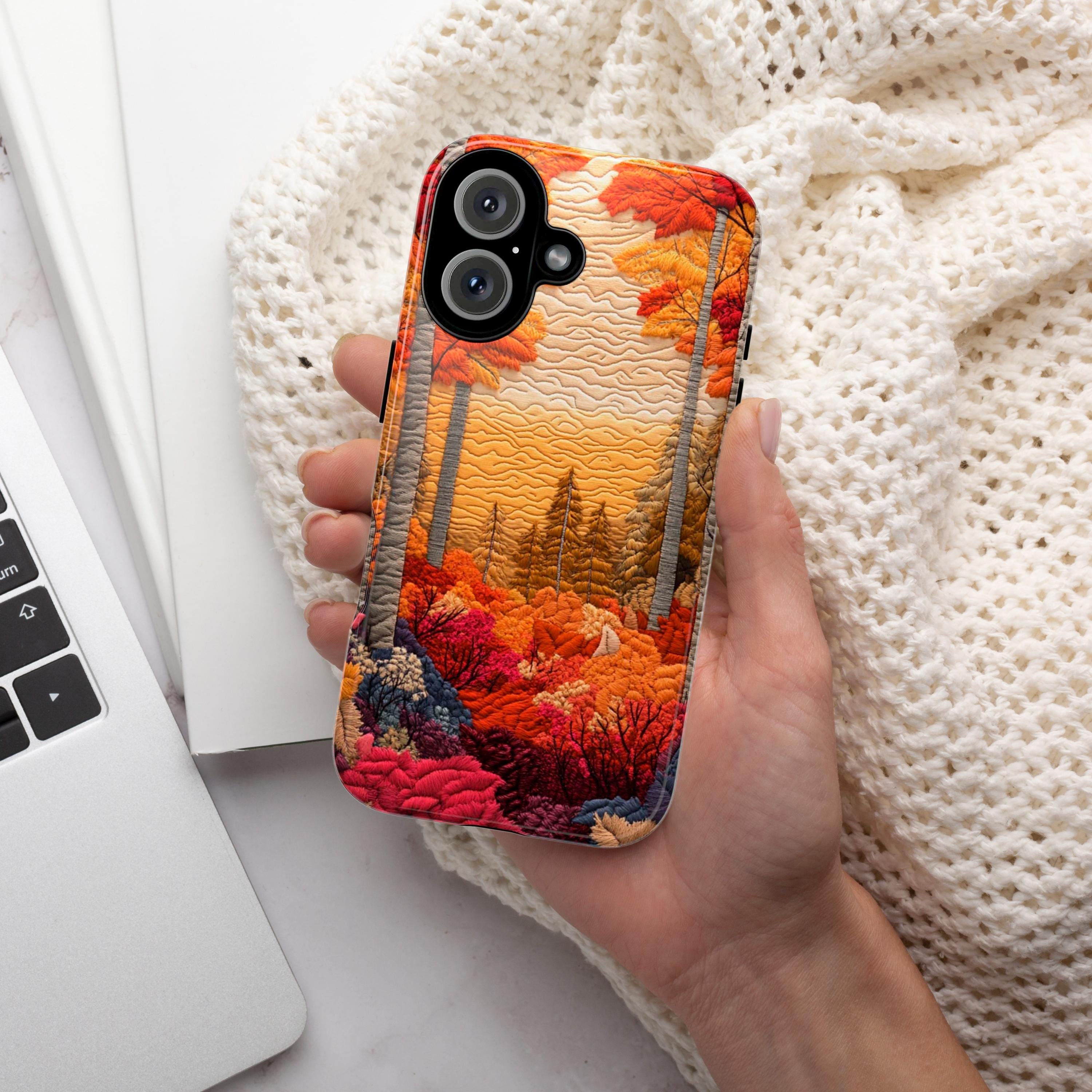 Fall Landscape Patchwork MagSafe Phone Case, Cozy Autumn Design with Fall Forest and Sunset Case for iPhone 16 15 14 13 / Samsung S24, 453.1