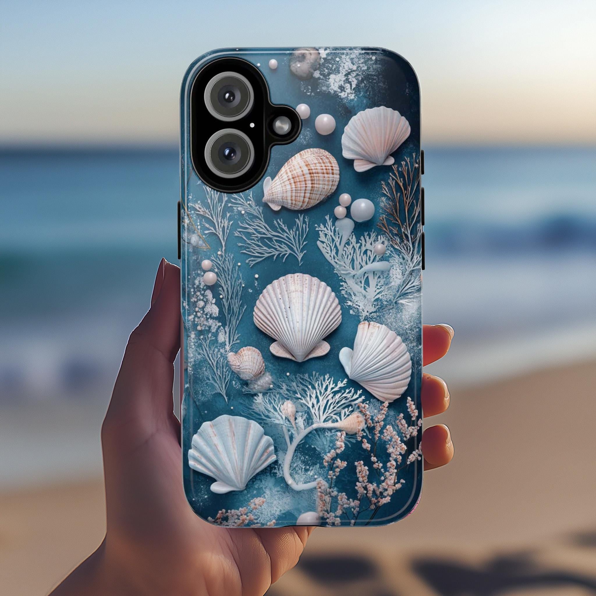 Ocean Shell Phone Case, 3D Stlye Blue Sea Design & Marine Plants, Seashells Underwater Texture Tough or Magsafe for iPhone, Galaxy, 455.17
