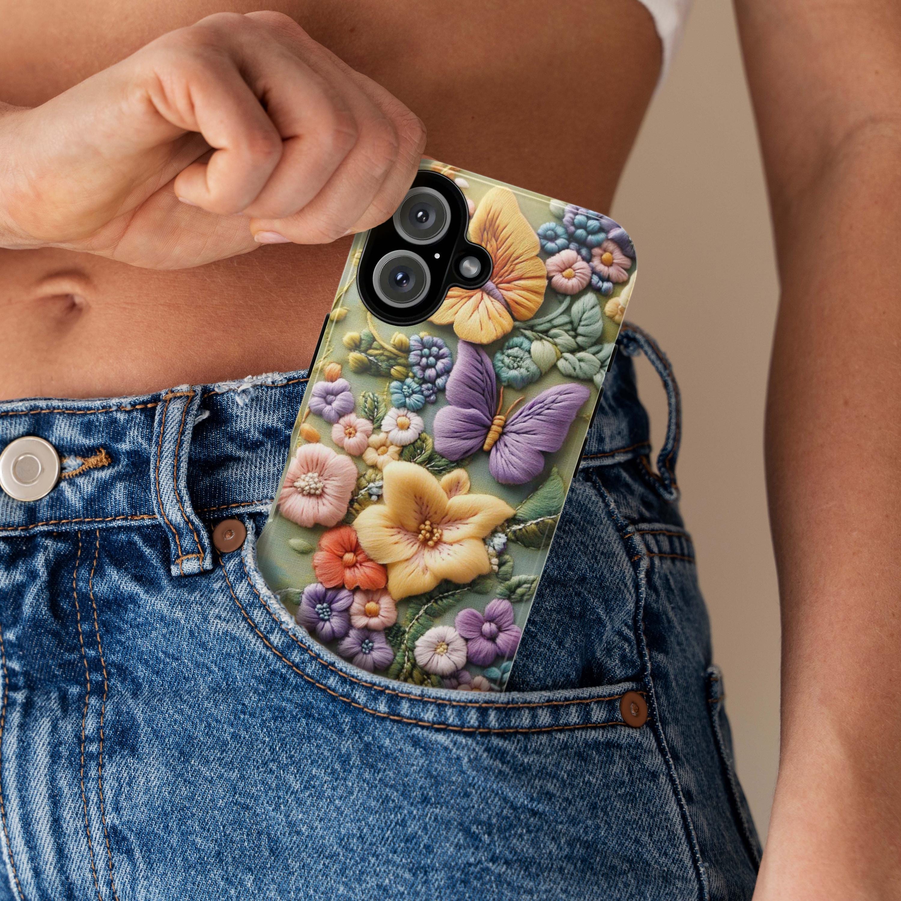 3D Embroidered effect Floral Phone Case, Botanical Flower & Butterfly Art Case for Nature Lovers iPhone Tough or Magsafe, Samsung, 452.12
