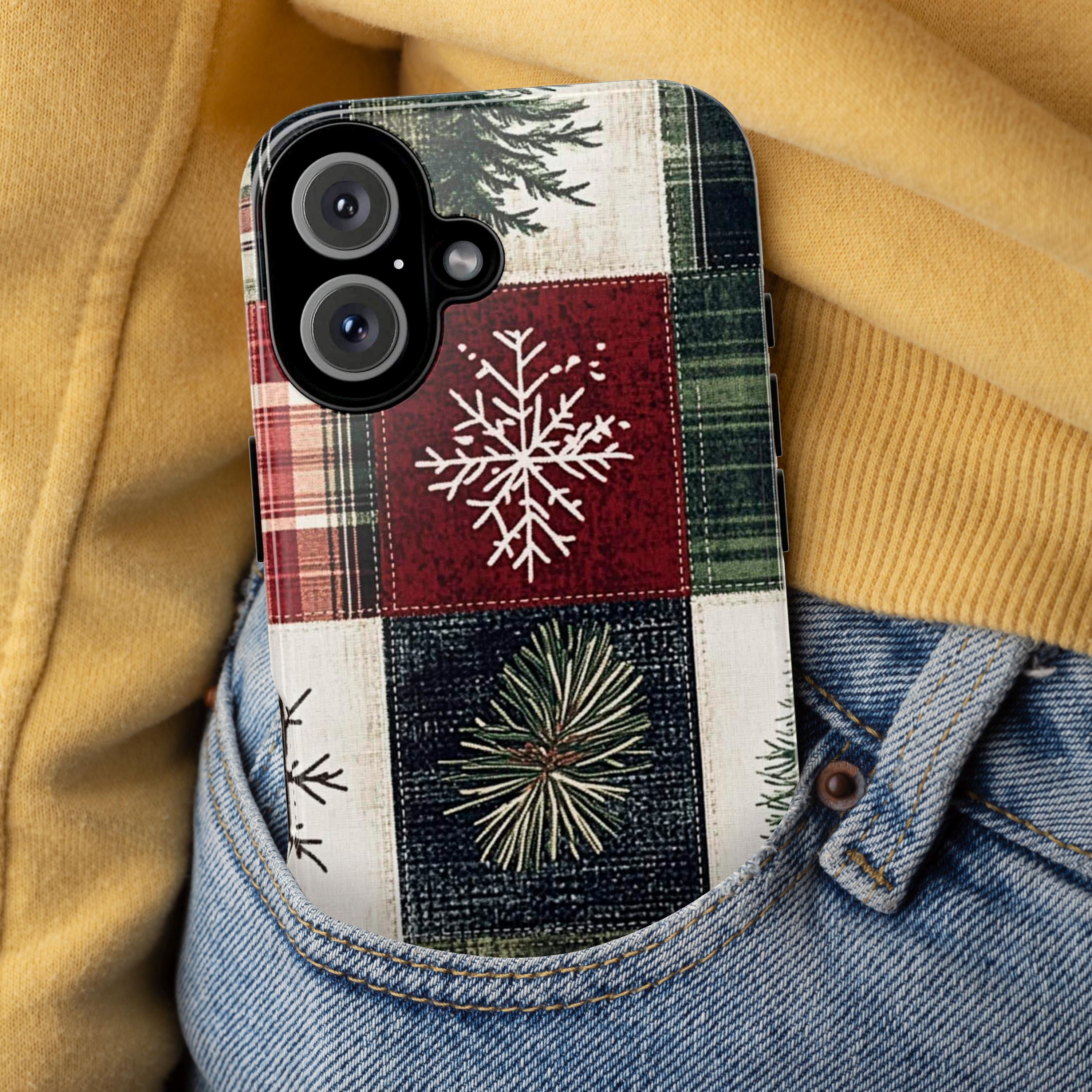Cozy Xmas Plaid Phone Case, Festive Christmas Holiday Checkered Snowy Phone Cover for iPhone 15 14 13 12 Pro Max Plus, Galaxy S25, 426.2