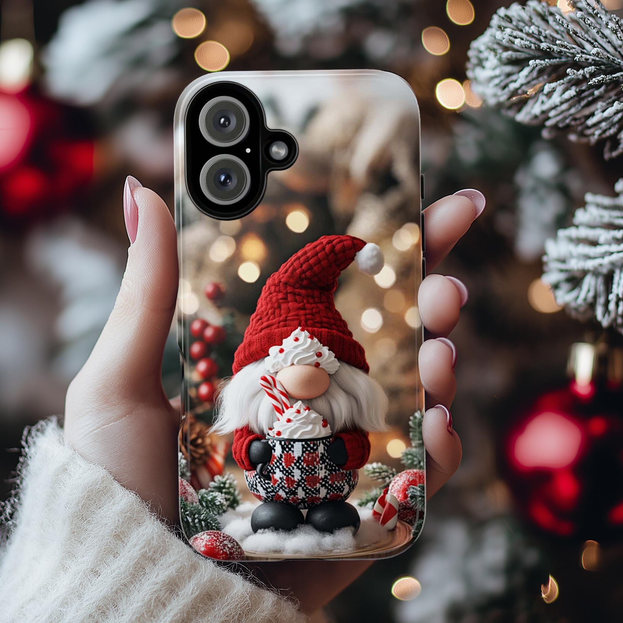 Cozy Xmas Holiday Gnome Phone Case, 3D Christmas Festive Gnome & Holly Design for iPhone 15 14 13 Magsafe, Samsung S25, Pixel, 427.5