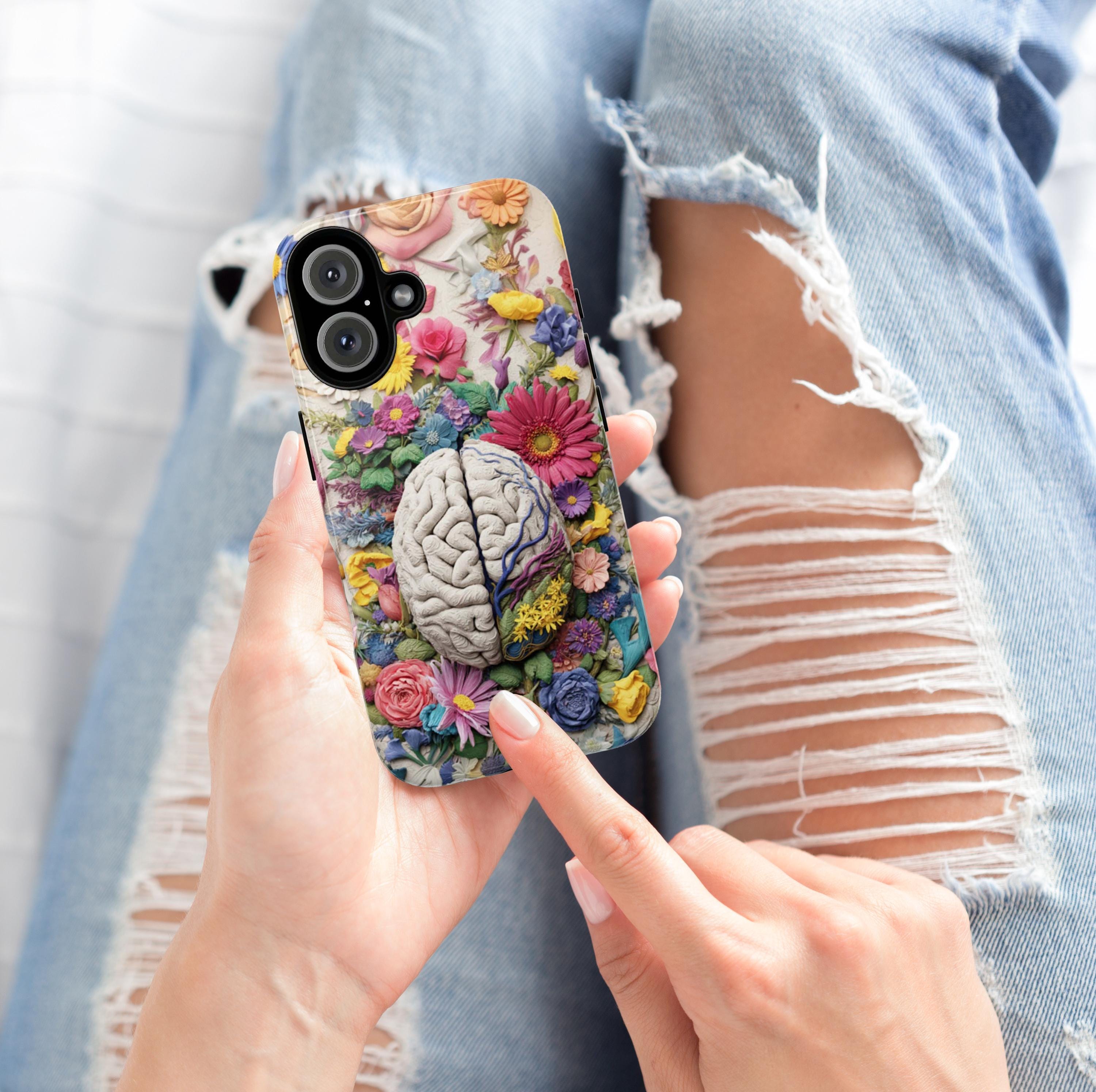 Pastel Anatomical Brain Phone Case, Botanical Meadow Florals | Medical Science Art Case for iPhone 17 16 Tough or Magsafe, Samsung, 430.5