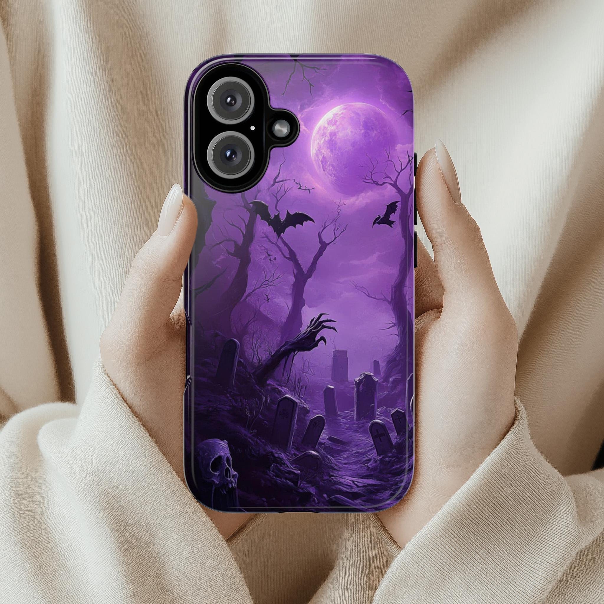 Mystic Halloween Phone Case, Skull & Full Moon Case, Purple Spooky Gothic Cover for iPhone 16 15 14 Tough or Magsafe, Samsung, 475.3
