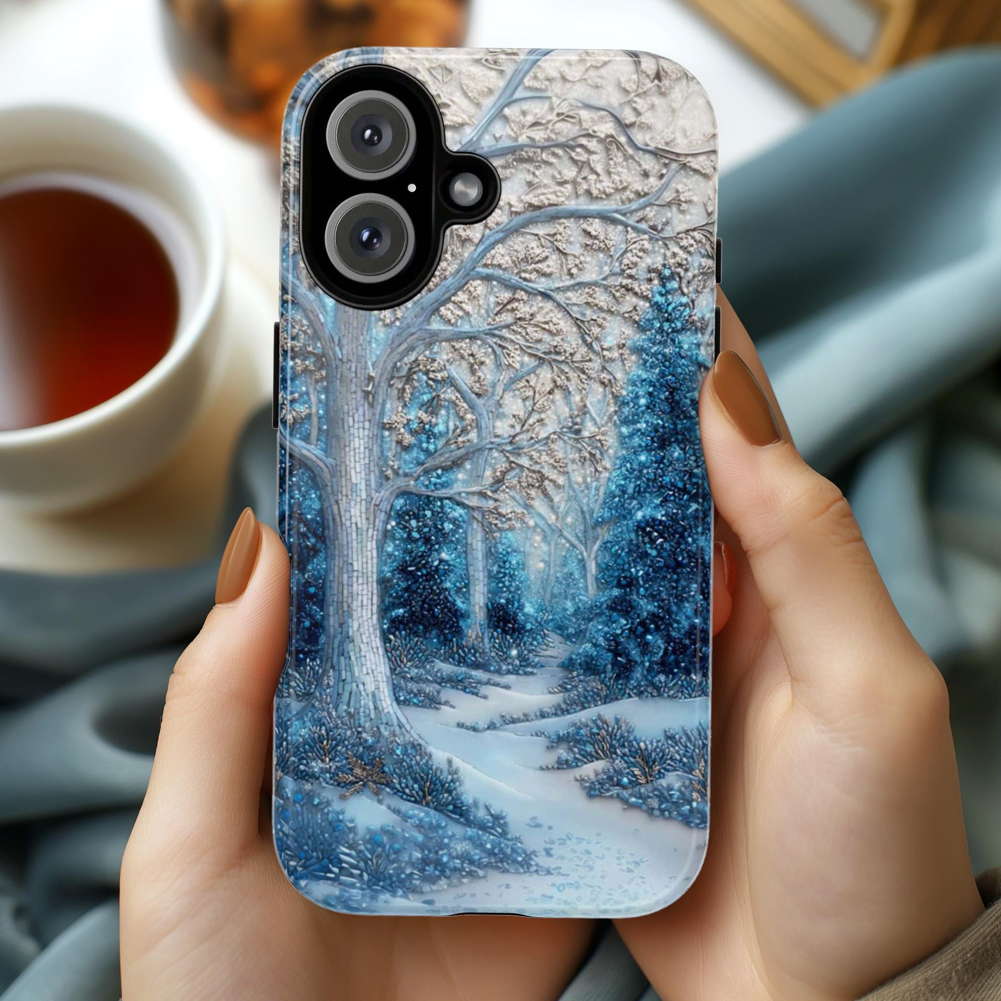 Winter Forest Phone Case,Cozy Holiday Mosaic Snowy Landscape, Frosty Woods Case for iPhone 17 16 15 Tough or Magsafe, Samsung, 481.6