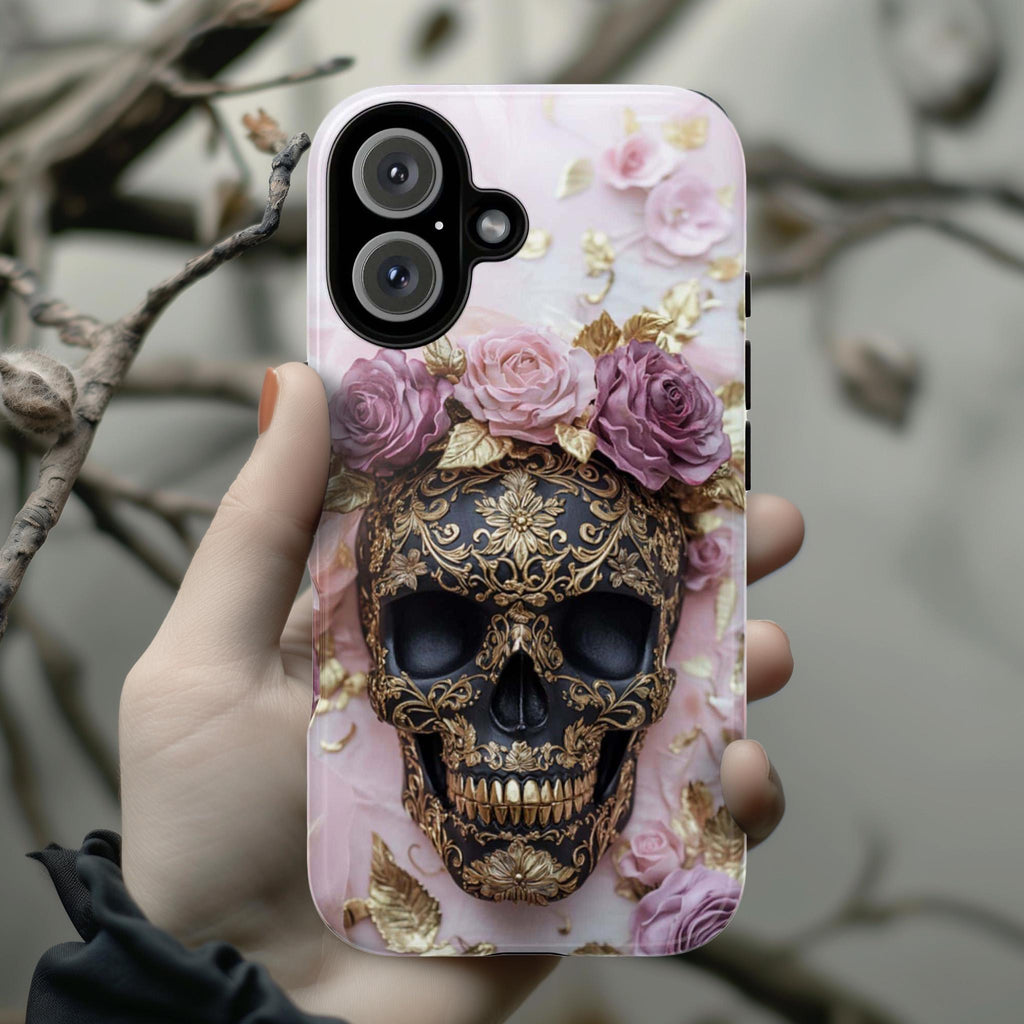 Dark Gothic Skull & Floral Phone Case, Fantasy Art Design, Pink Roses Cover Tough or Magsafe Phone Case for iPhone 16, Samsung S25, 465.21